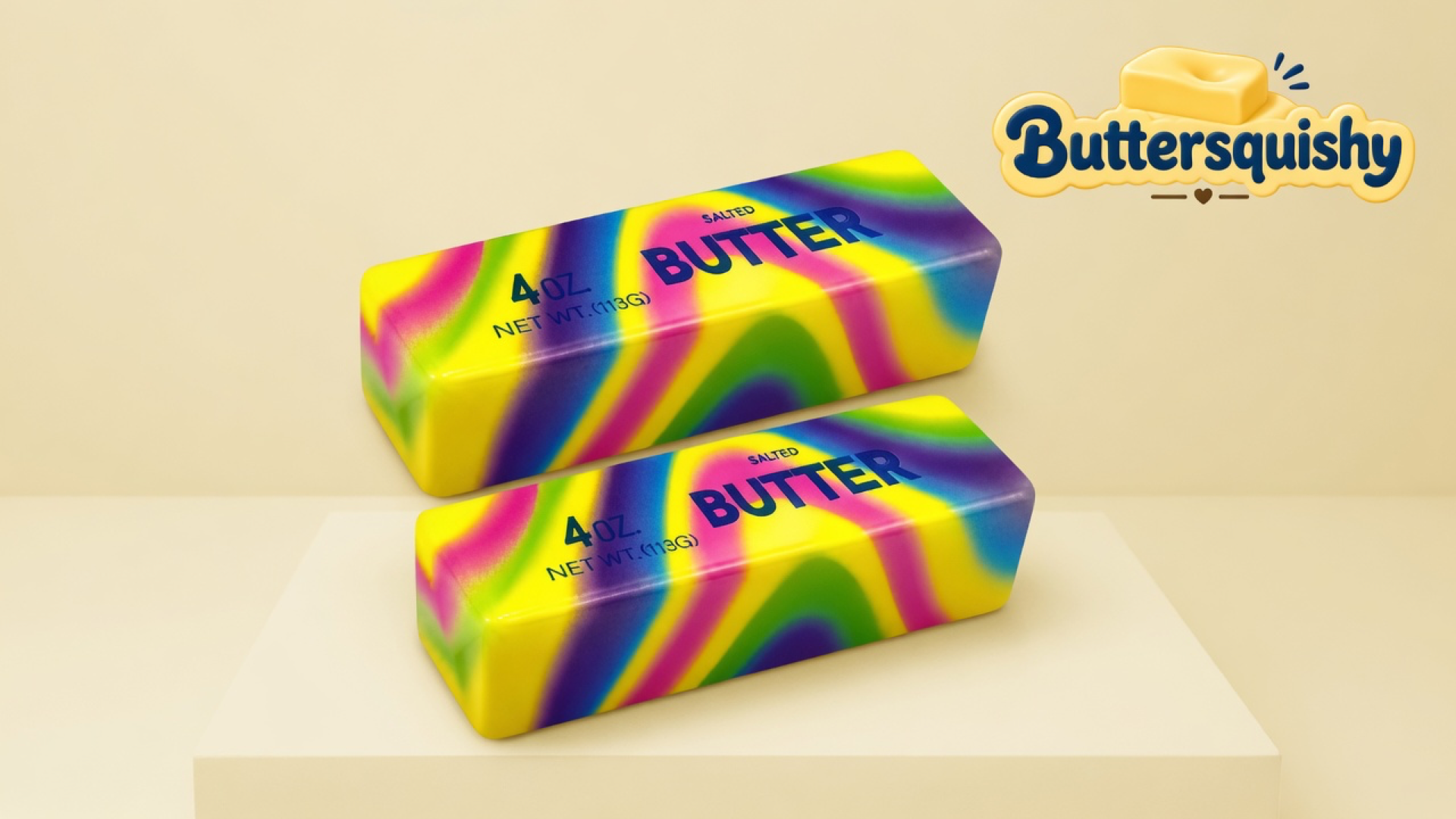 Two identical neon-swirl butter sticks with navy SALTED BUTTER print on a light-yellow cream studio surface, Buttersquishy logo in the upper right
