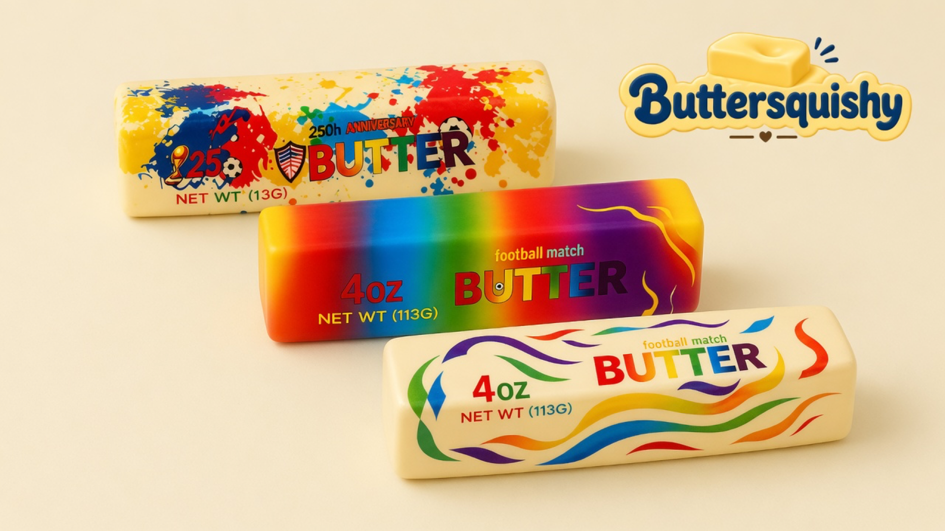 Three butter loaves — cream splash print, rainbow fade, and cream ribbon waves — on a light-yellow cream studio surface with the Buttersquishy logo in the upper right