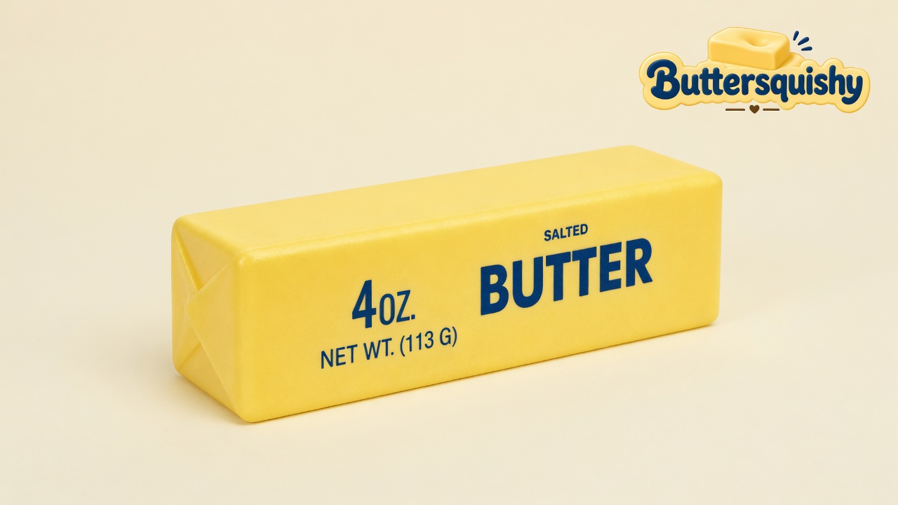 Classic Butter Stick 4oz yellow salted-butter wrapper squishy on cream studio, Buttersquishy logo at upper right