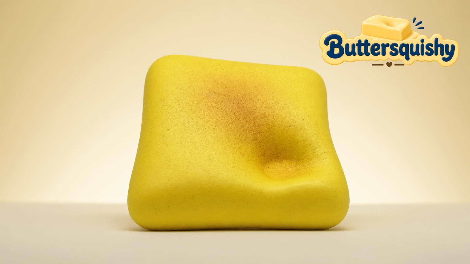 Yellow square Bread Toast Loaf with a toasted brown blush and a thumb dent on a light-yellow cream studio, Buttersquishy logo at upper right