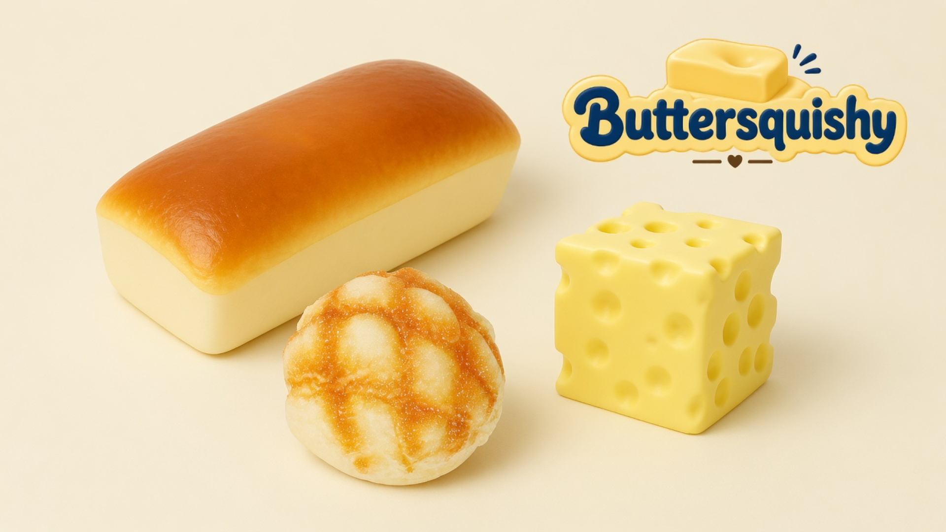 Three bakery-style squeeze toys — a golden milk-bread loaf, a caramel-grid bun, and a holey yellow cheese cube — on a light-yellow cream studio, Buttersquishy logo at upper right