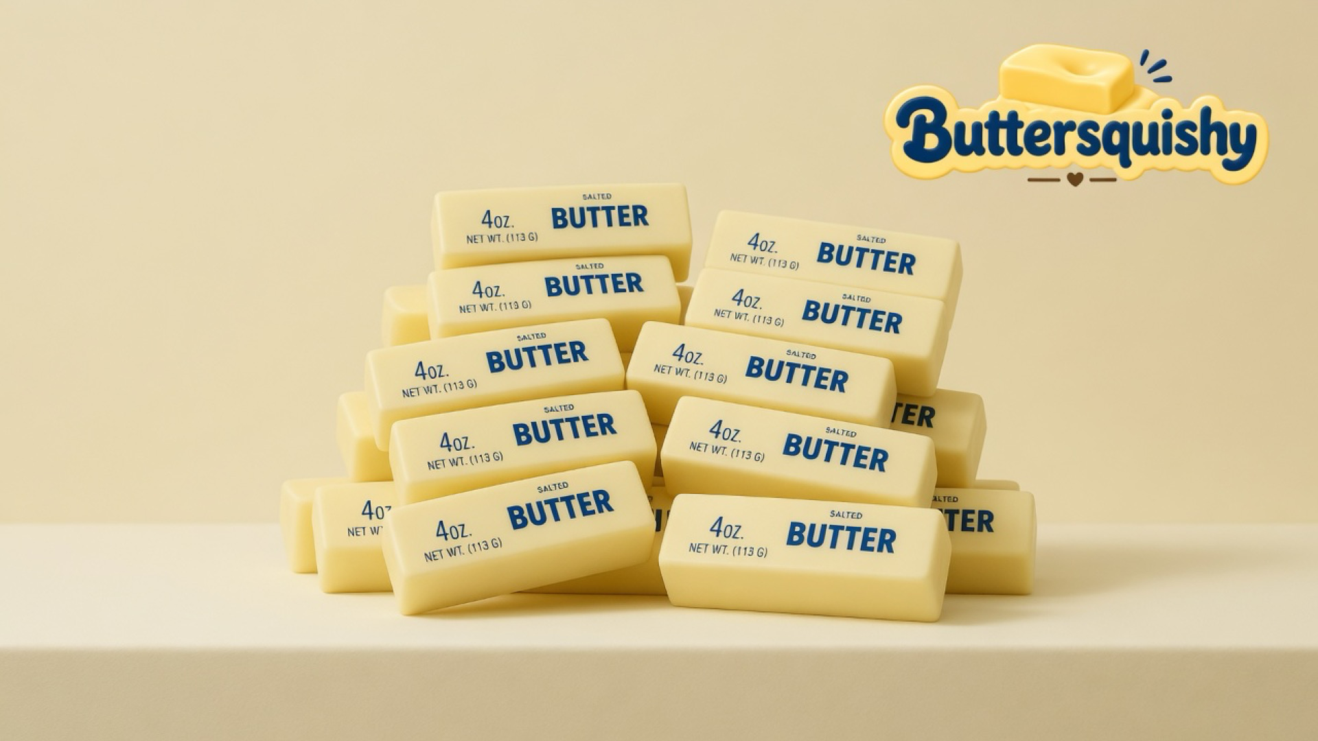Ten pale yellow Classic Butter Stick 4oz loaves printed SALTED BUTTER and 4OZ. NET WT. (113 G) stacked on a light-yellow cream studio, Buttersquishy logo at upper right