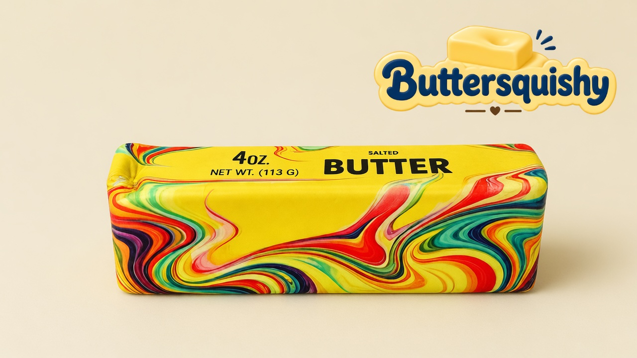 One Oil-Paint Swirl Butter stick with a yellow SALTED BUTTER face and oil-paint marble sides on a light-yellow cream studio, Buttersquishy logo at upper right