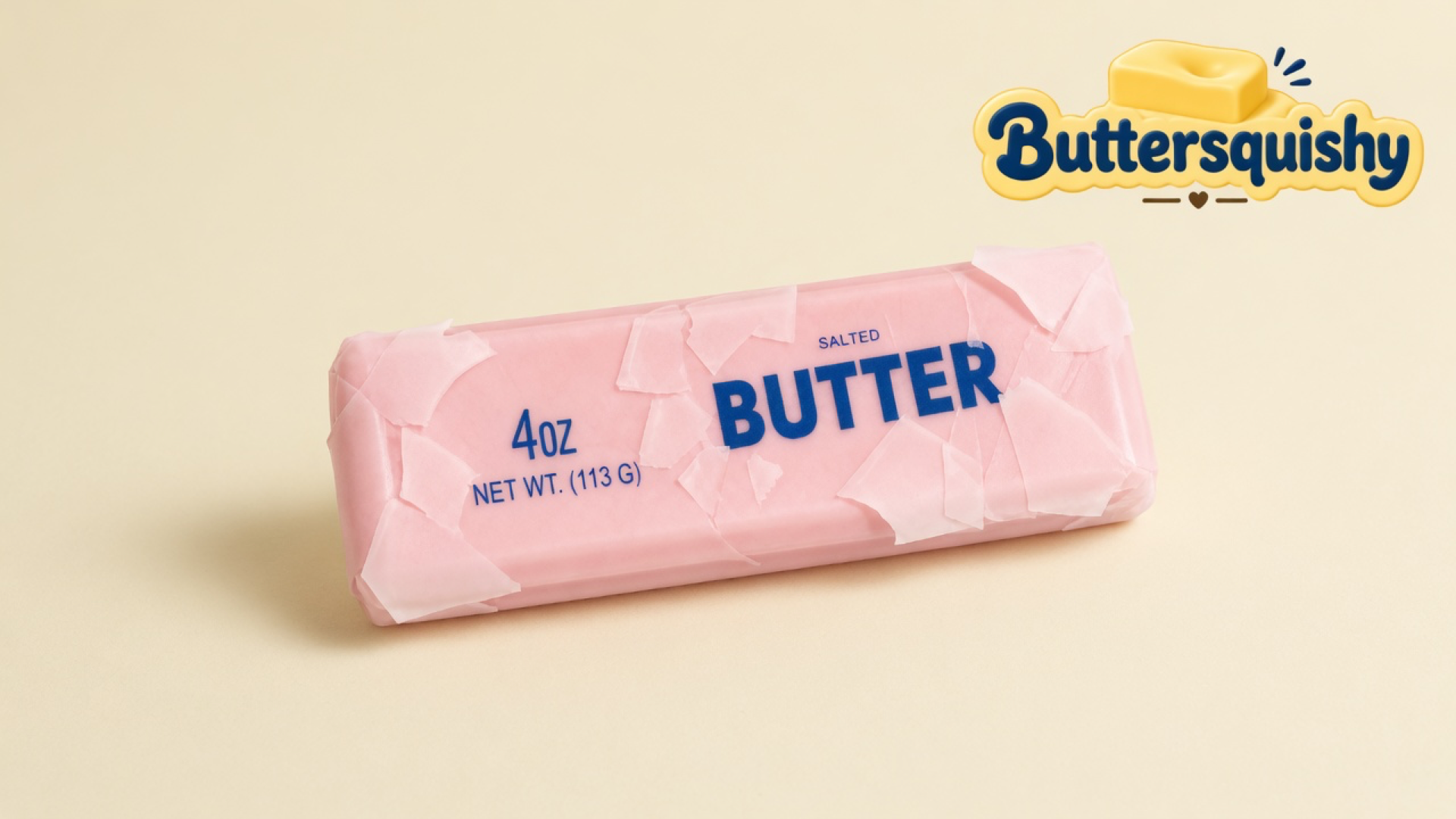 One candy-pink SALTED BUTTER stick with papery wrapper flakes on a light-yellow cream studio surface, Buttersquishy logo at upper right