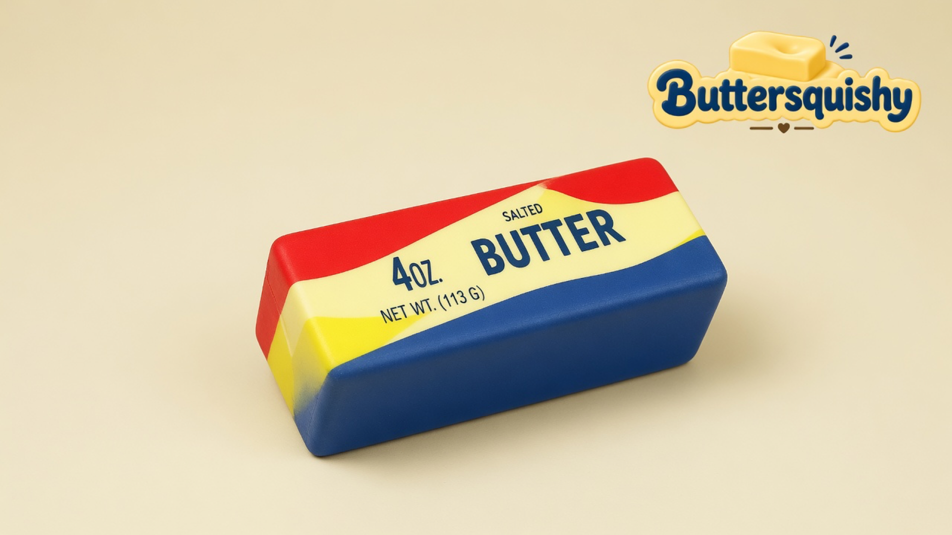 One Rainbow Stripe Butter stick with red, yellow, and blue bands on a cream studio background, Buttersquishy logo at upper right