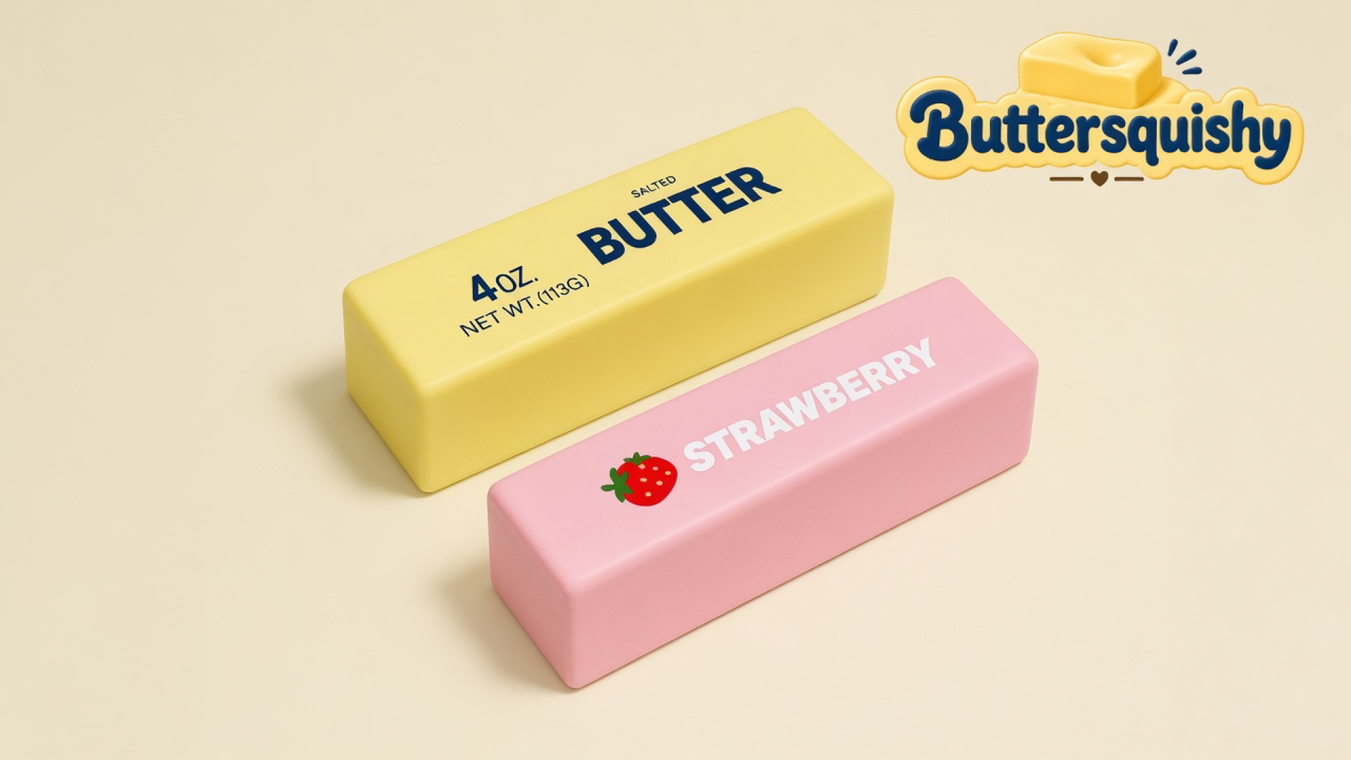 Pale yellow SALTED BUTTER stick and pink STRAWBERRY stick on a cream studio background, Buttersquishy logo at upper right