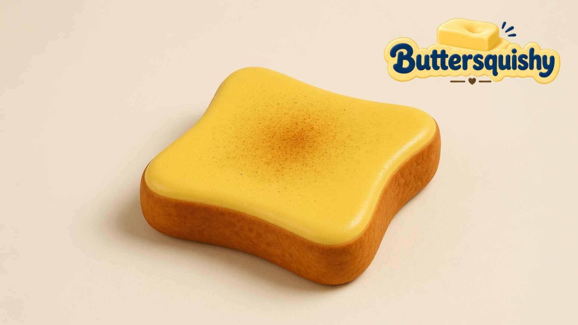 One square Bread Toast Loaf with a lemon-yellow crumb face, brown toasted crust, and a central speckle bloom on a light-yellow cream studio, Buttersquishy logo at upper right