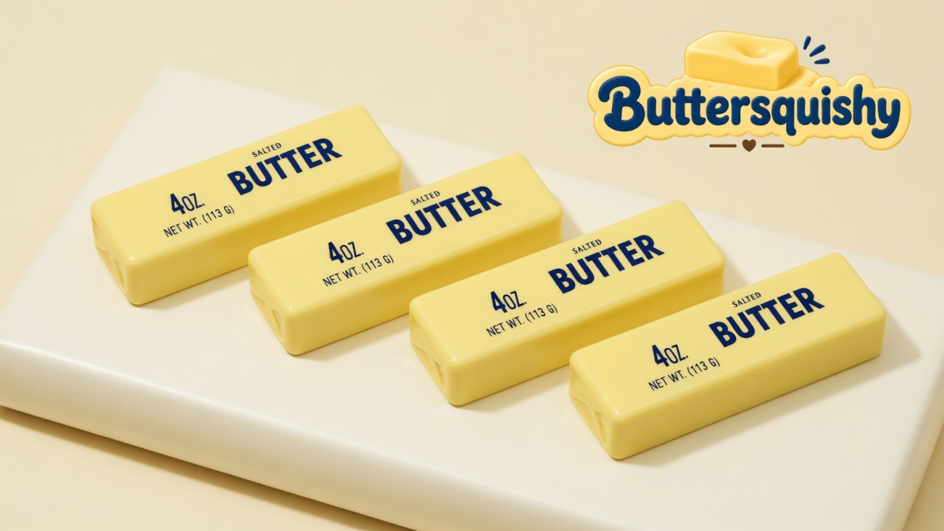 Four pale-yellow SALTED BUTTER loaves from Cheese Cube Loaf 4-Pack on a light-yellow cream studio platform, Buttersquishy logo at upper right
