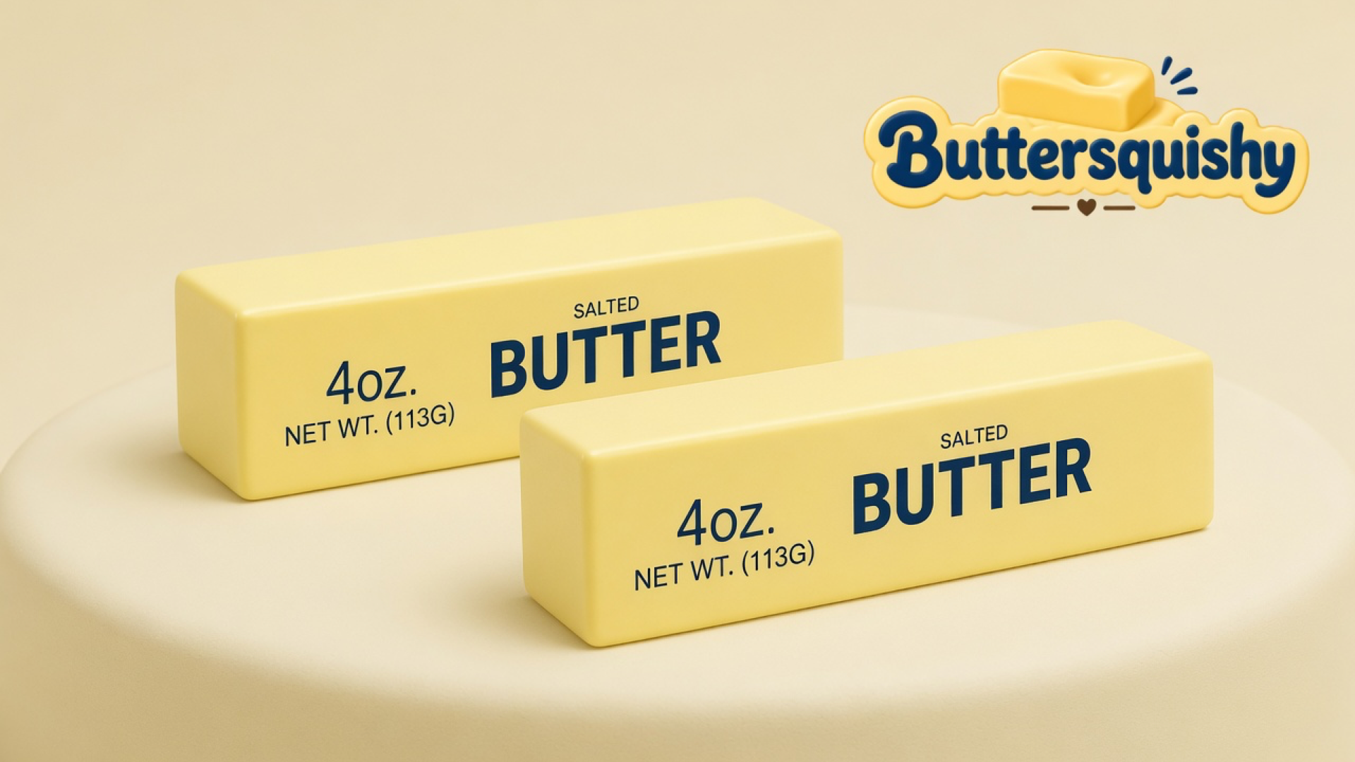Two pale yellow Classic Butter Stick 4oz loaves with navy SALTED BUTTER and 4OZ print on a light-yellow cream studio platform, Buttersquishy logo at upper right