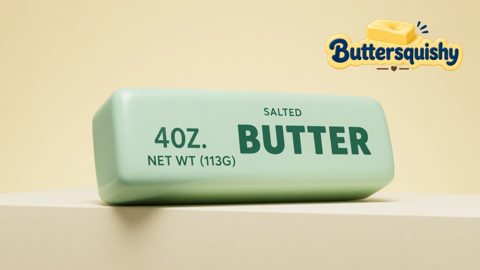 Pale mint-green Mint Butter Stick with forest-green SALTED BUTTER and 4OZ print on a light-yellow cream studio block, Buttersquishy logo at upper right