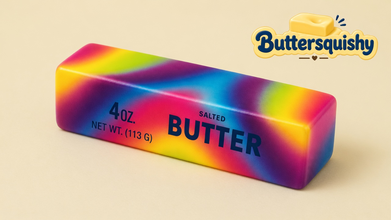 One rainbow Neon Swirl Butter stick with navy 4OZ and SALTED BUTTER print on a light-yellow cream studio surface, Buttersquishy logo at upper right