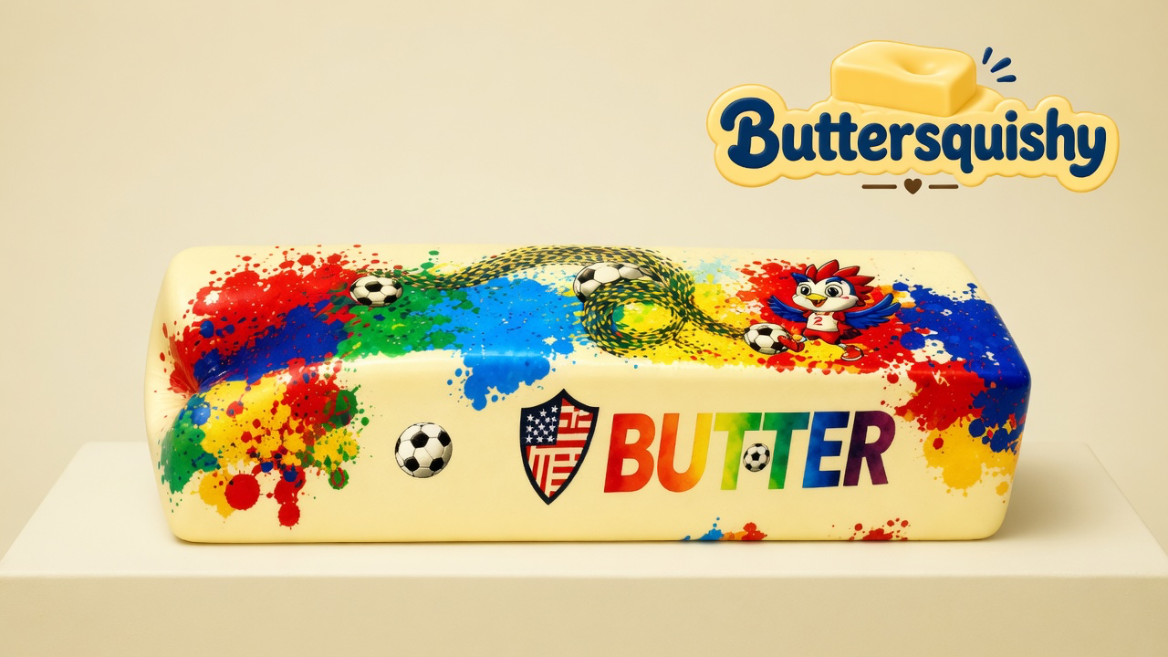 One cream Splash Marble Butter loaf with paint-splash, soccer marks, a numbered rooster, a flag shield, and rainbow BUTTER type on a light-yellow cream studio block, Buttersquishy logo at upper right