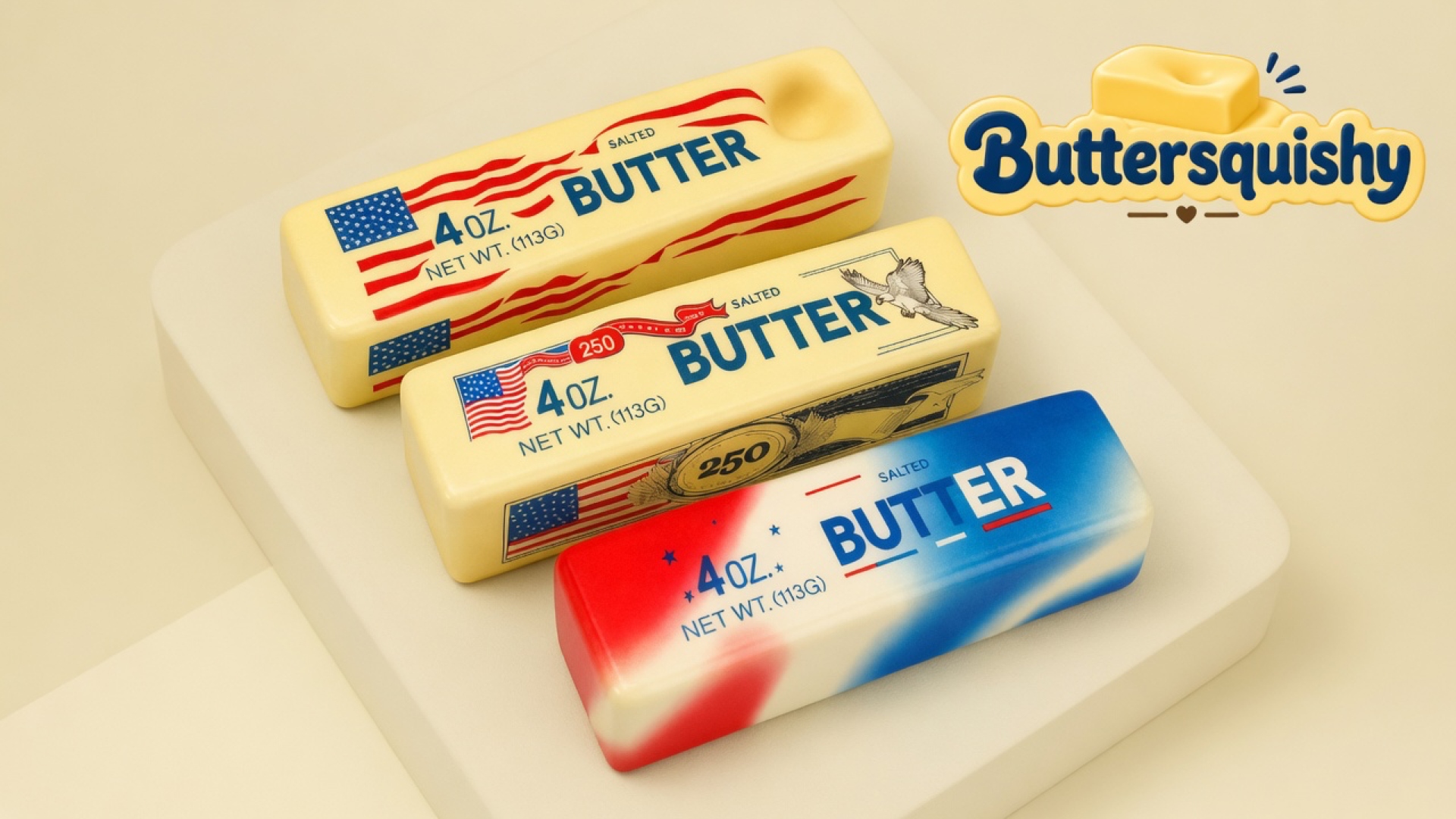 Three Stars and Stripes Butter sticks — wave-flag, eagle-250, and red-cream-blue marble — on a light-yellow cream studio platform, Buttersquishy logo at upper right