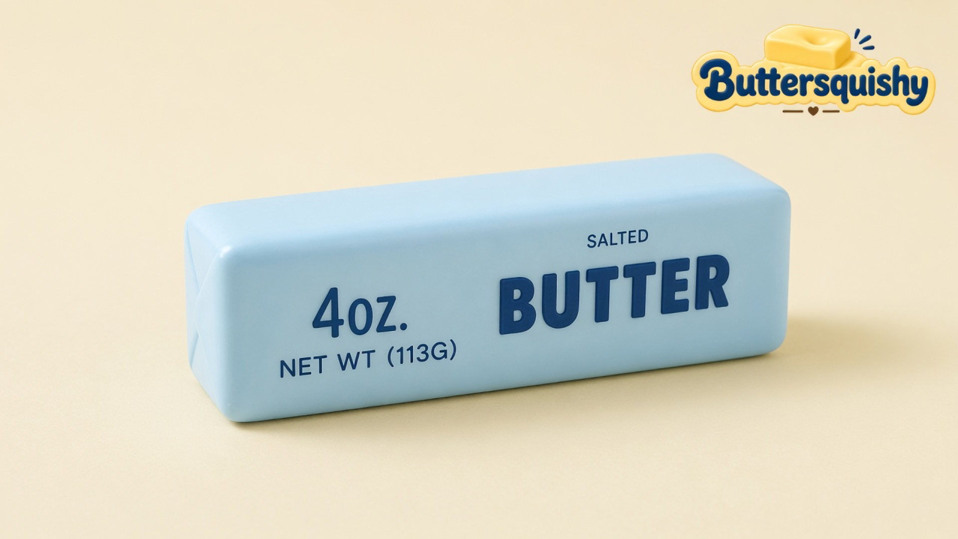 Pale baby-blue salted-butter wrapper squishy on a light-yellow cream studio surface, Buttersquishy logo at upper right