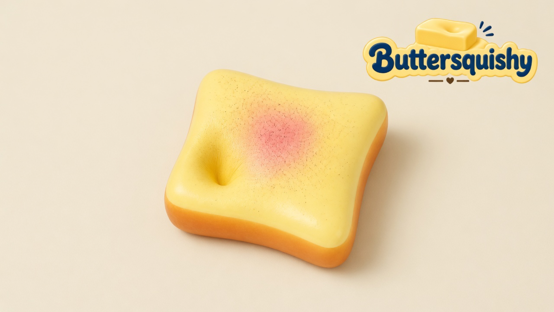 Square yellow Bread Toast Loaf with a toasted brown rim, pink-red blush, and a thumb dent on a light-yellow cream studio, Buttersquishy logo at upper right
