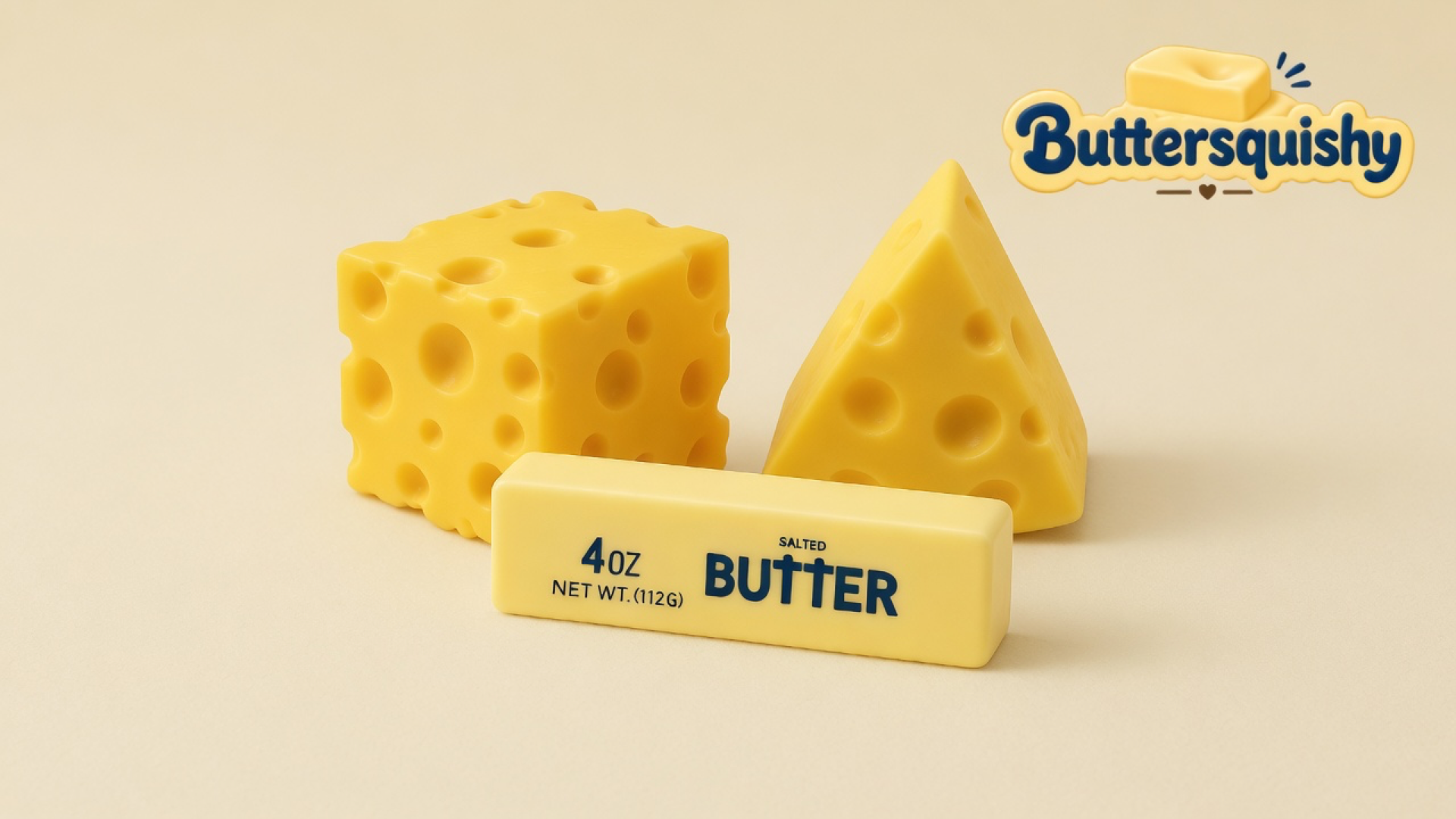 Three yellow cheese-look toys — a Swiss-hole cube, a Swiss-hole wedge, and a pale stick printed 4OZ SALTED BUTTER — on a light-yellow cream studio, Buttersquishy logo at upper right