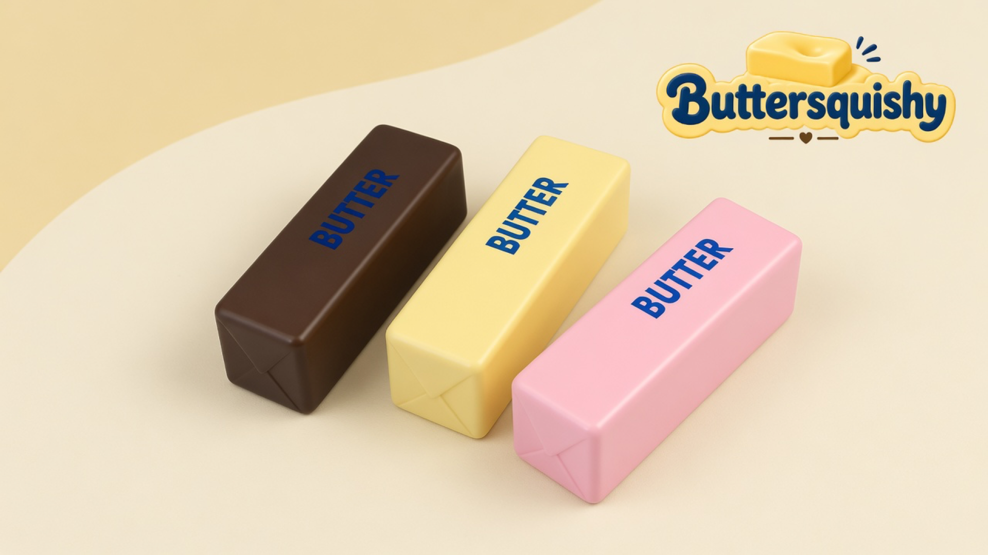 Three Chocolate Berry Butter sticks in chocolate brown, pale yellow, and berry pink with navy BUTTER prints on a cream studio surface, Buttersquishy logo at upper right