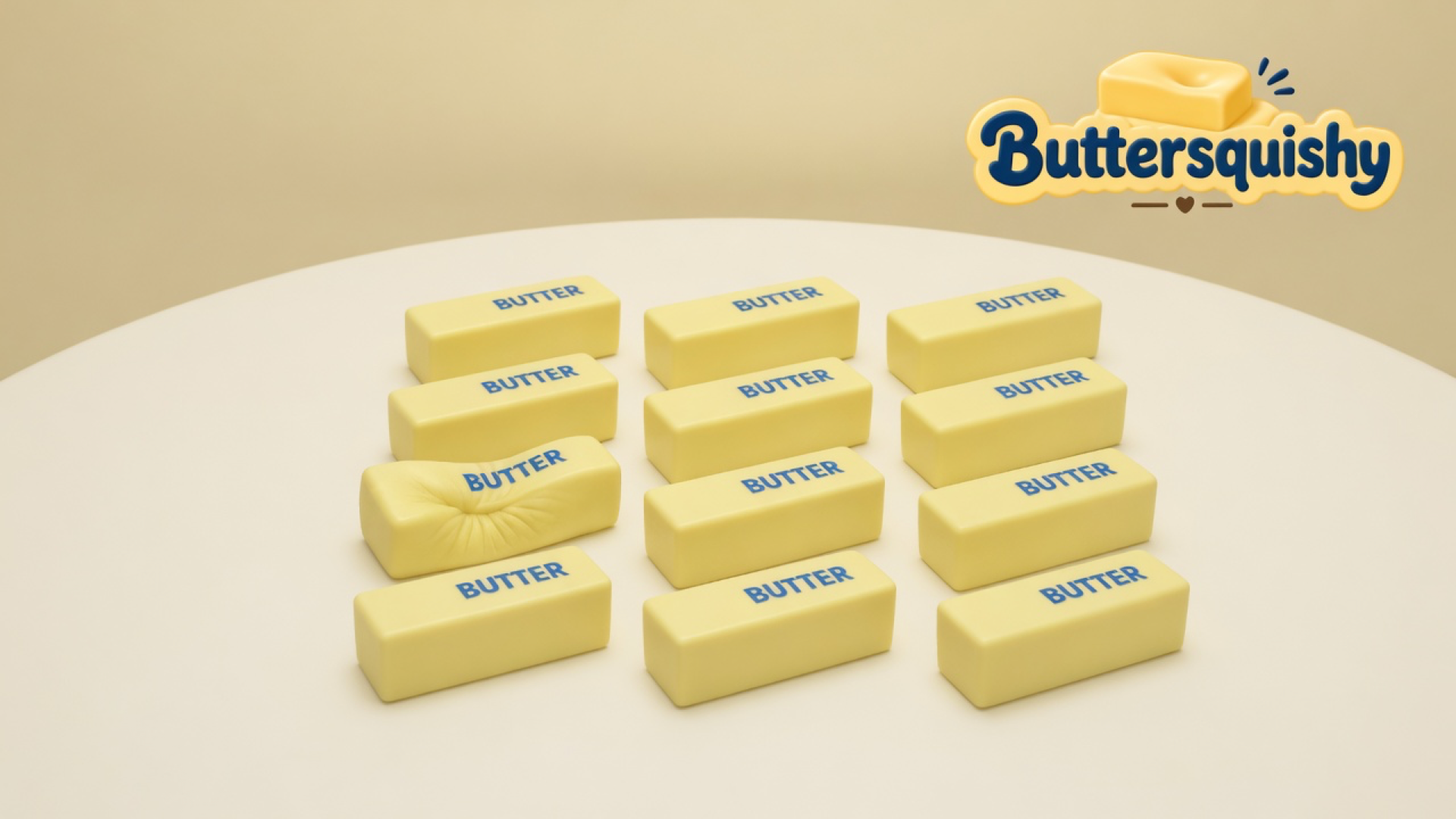 Twelve pale-yellow Classic Butter Stick 4oz loaves with navy BUTTER, one thumb-dented, on a light-yellow cream studio table, Buttersquishy logo at upper right