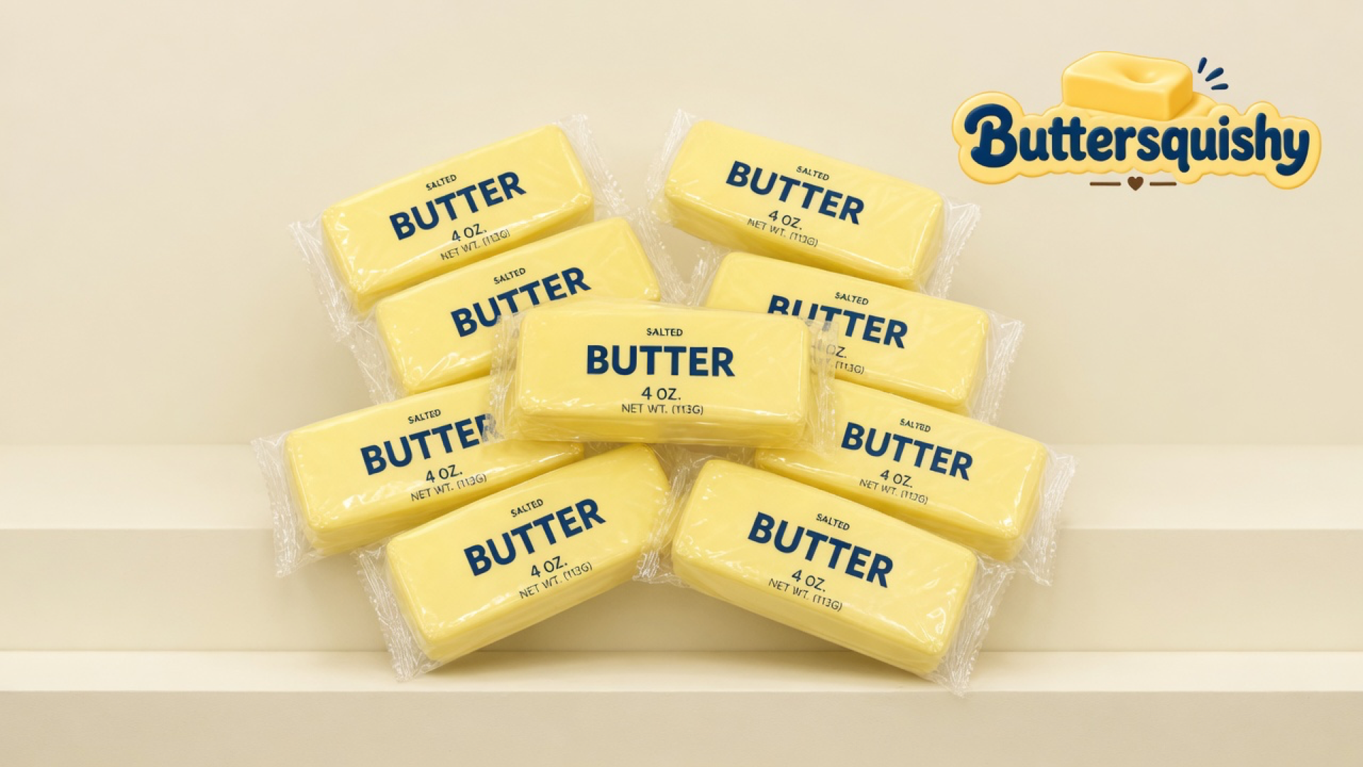Twelve pale-yellow salted-butter wrapper sticks in clear film on a light-yellow cream studio ledge, Buttersquishy logo at upper right