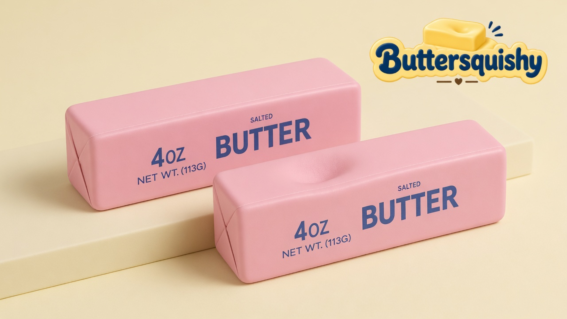 Two candy-pink salted-butter wrapper squishies, one with a thumb dent, on a light-yellow cream studio platform, Buttersquishy logo at upper right