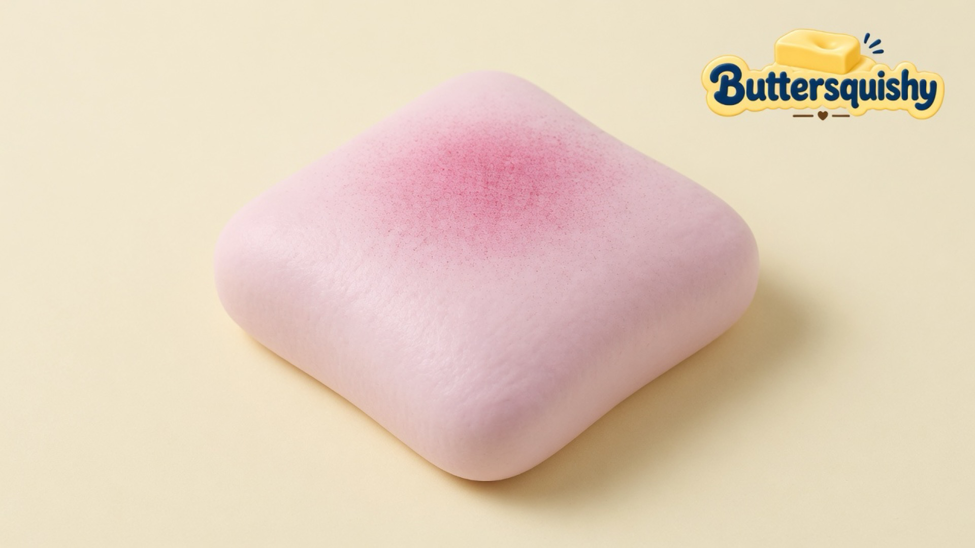 Pale-pink Bread Toast Loaf with a dusty rose speckle bloom on a light-yellow cream studio, Buttersquishy logo at upper right