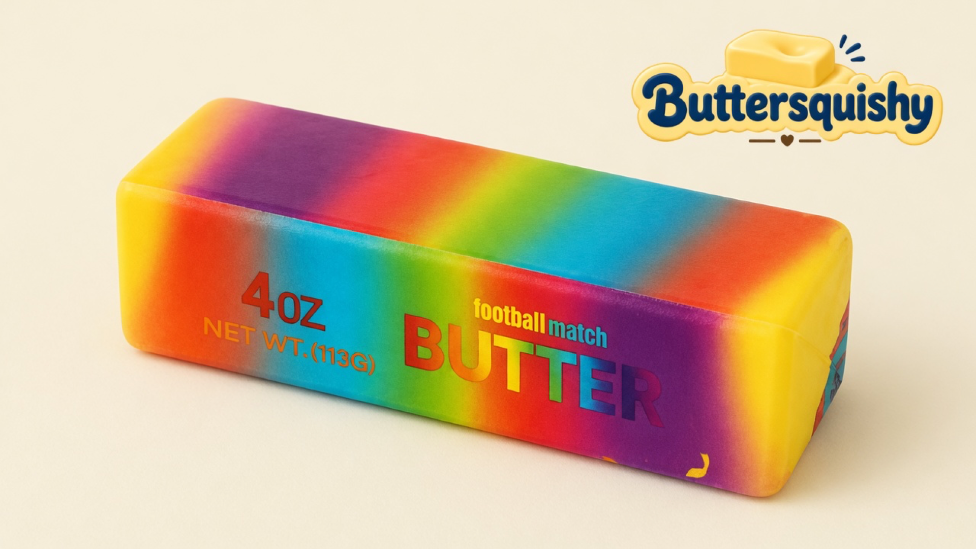 One Candy Gradient Butter rainbow melt stick with 4OZ and football-match BUTTER print on a light-yellow cream studio surface, Buttersquishy logo at upper right