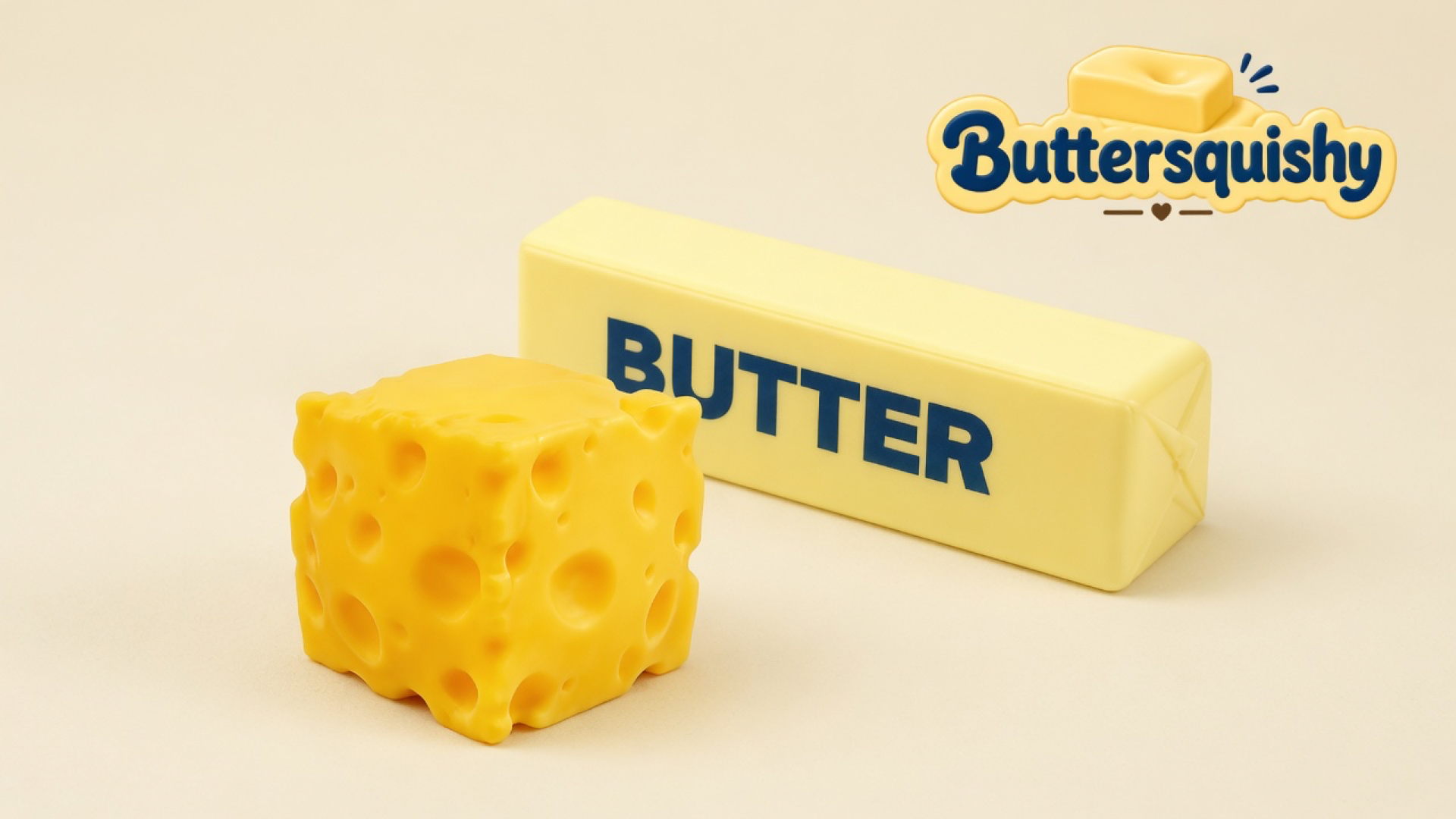 Cheddar-yellow Swiss-hole cube and a pale wrapped butter stick printed navy BUTTER on a light-yellow cream studio surface, Buttersquishy logo at upper right