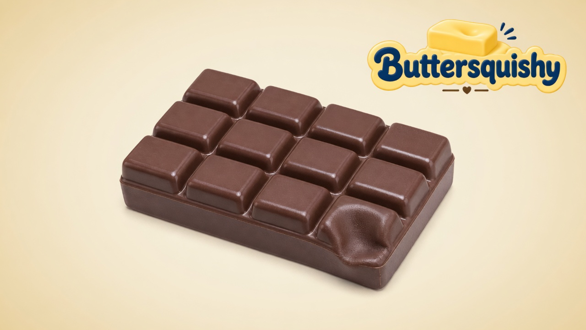 Milk-chocolate 12-square Chocolate Butter Stick with one corner dimple on a light-yellow cream studio, Buttersquishy logo at upper right