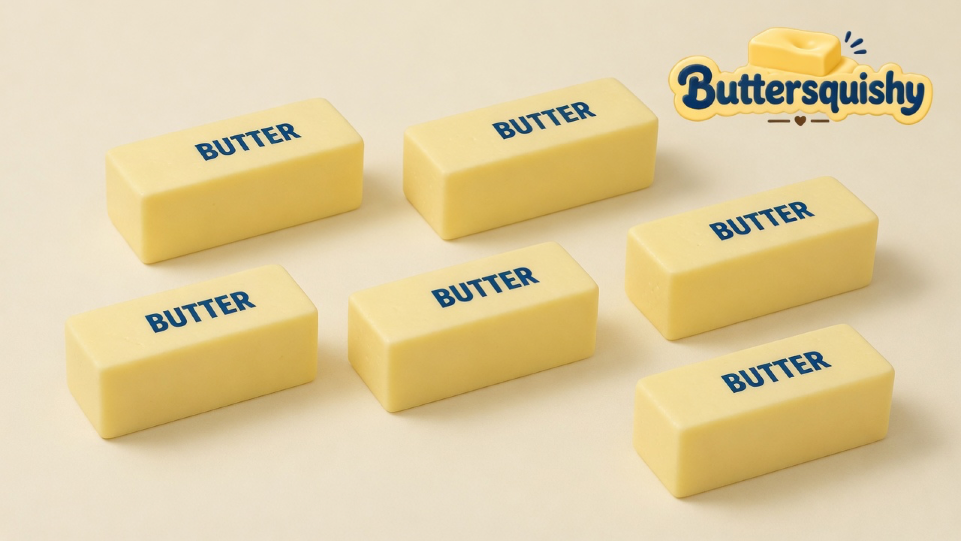 Six pale yellow Classic Butter Stick 4oz loaves printed with navy BUTTER on a light-yellow cream studio surface, Buttersquishy logo at upper right