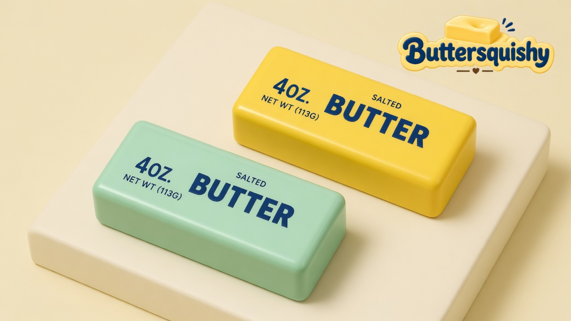Mint-green and lemon-yellow Mint Lemon Crunch Butter sticks with navy SALTED BUTTER print on a light-yellow cream studio, Buttersquishy logo at upper right