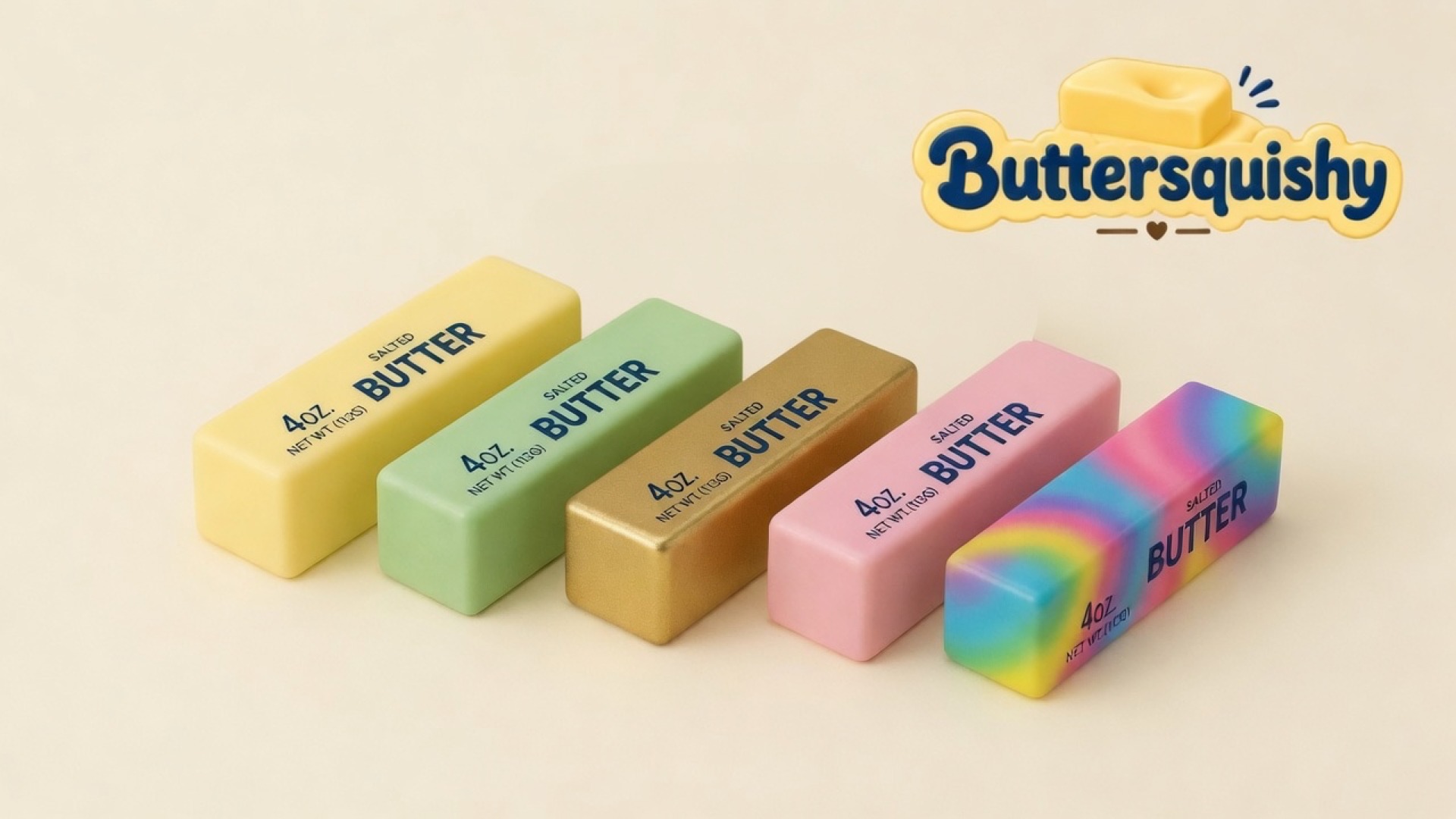 Five Mixed Butter Pack food-style sticks — pale yellow, mint, gold, pink, and rainbow swirl — on a light-yellow cream studio surface, Buttersquishy logo at upper right