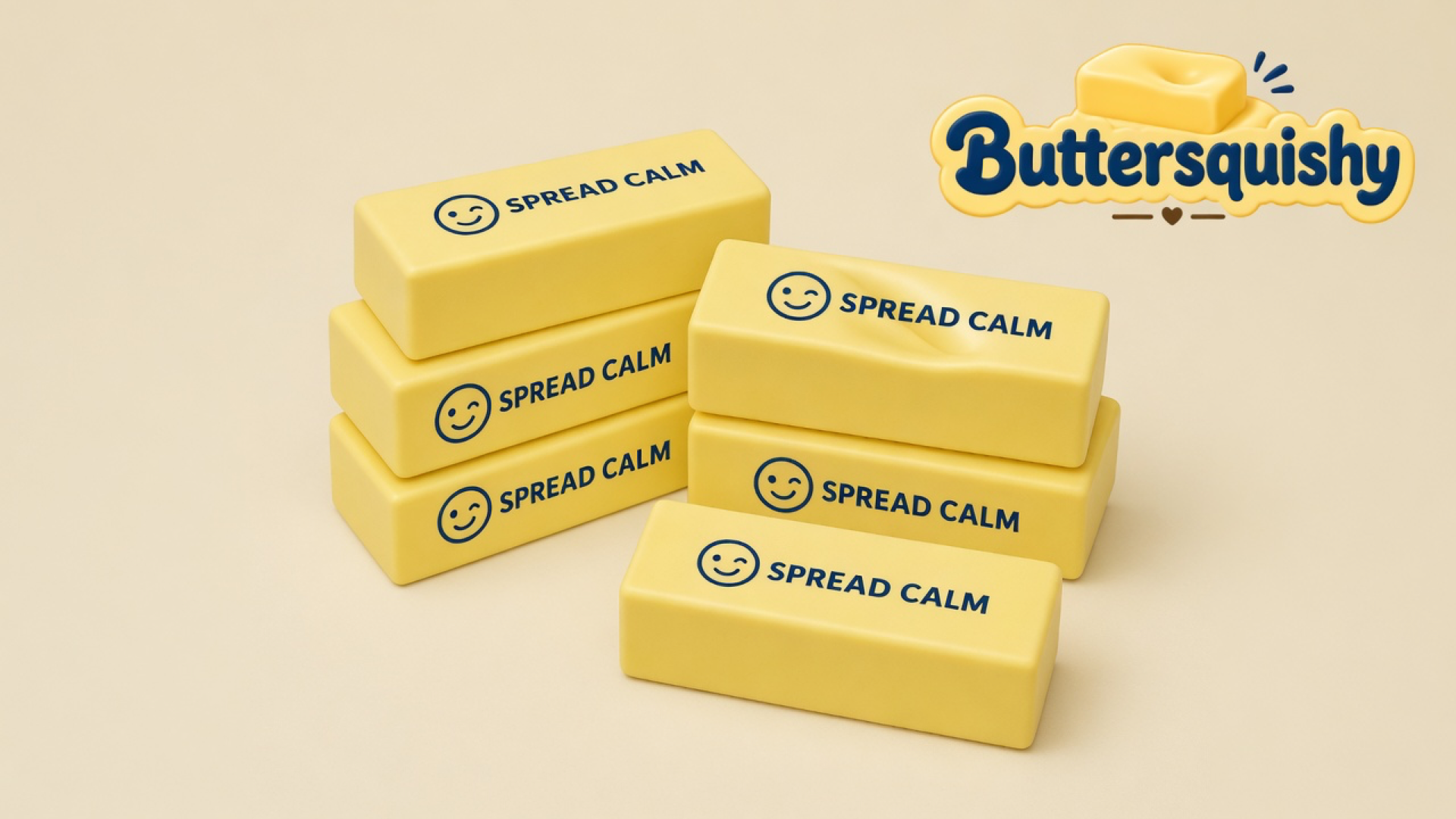 Six pale yellow Smile Cube Butter sticks printed with a navy smiley and SPREAD CALM on a light-yellow cream studio surface, Buttersquishy logo at upper right