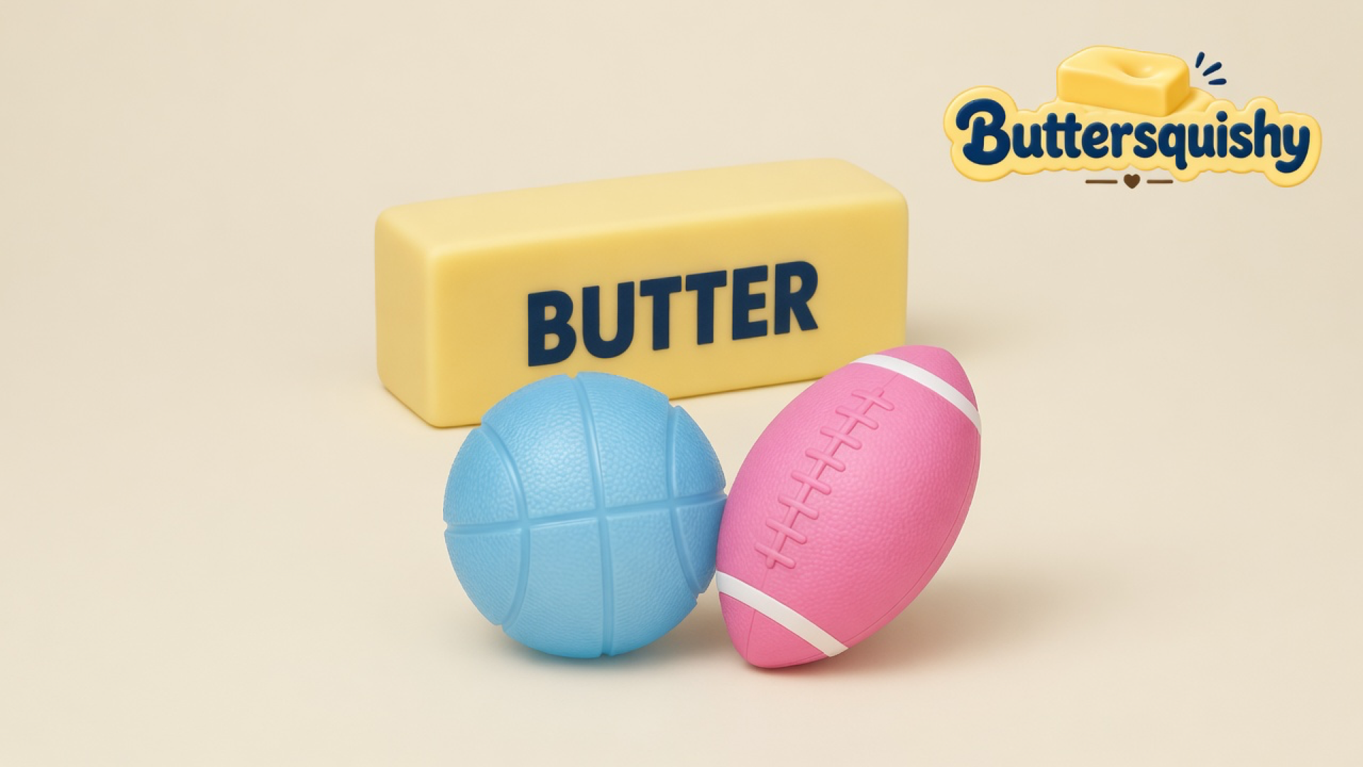 Yellow BUTTER loaf, light-blue pebbled basketball, and pink football with white laces on a light-yellow cream studio, Buttersquishy logo once at upper right