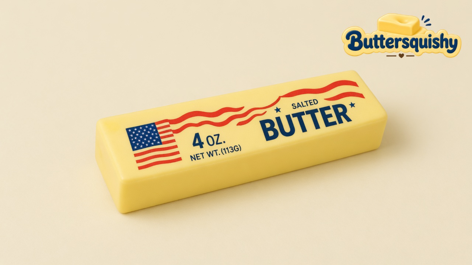 One pale yellow Stars and Stripes Butter stick with a US-flag print, navy SALTED BUTTER type, and red wave lines on a light-yellow cream studio, Buttersquishy logo at upper right