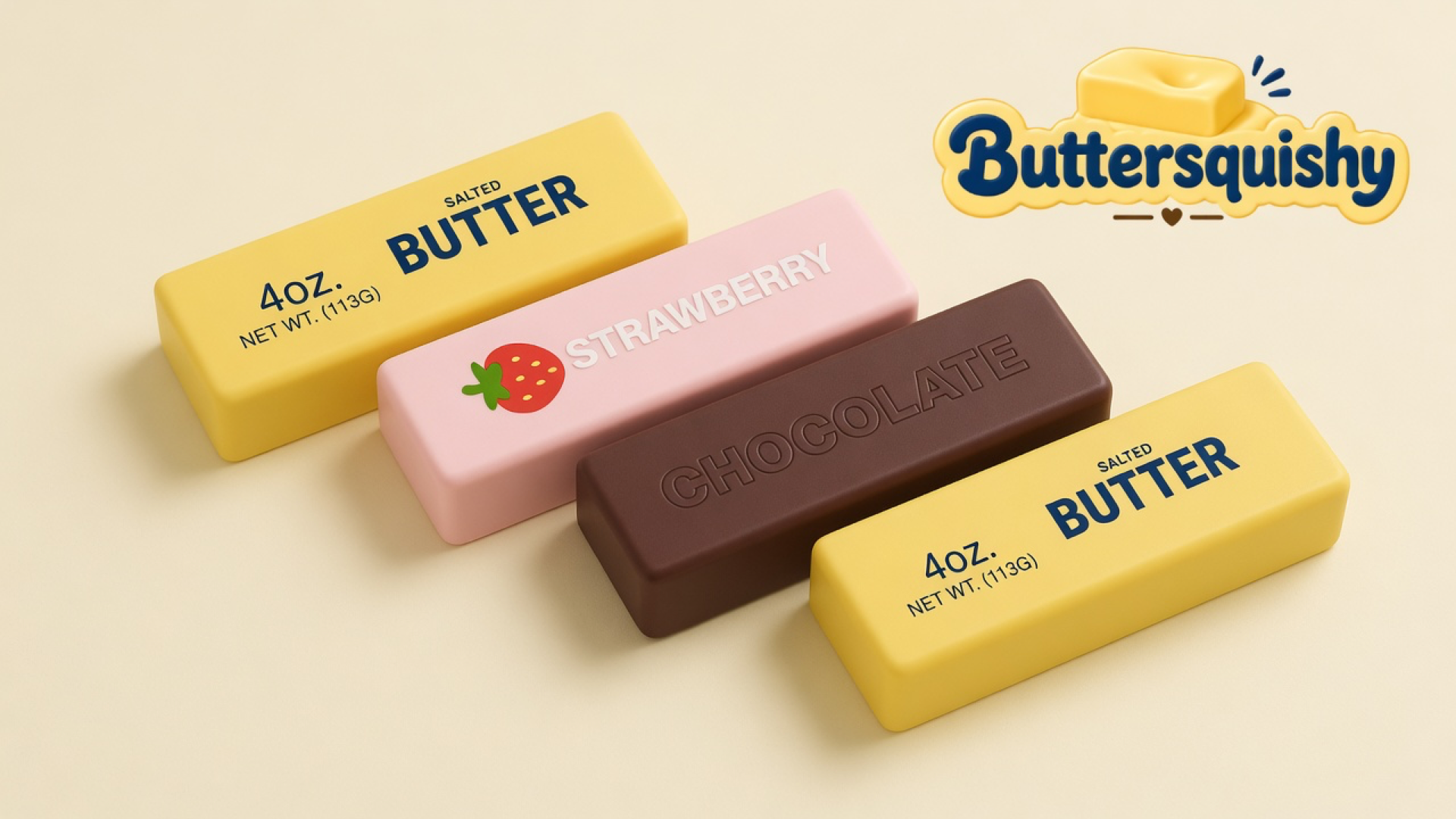 Four Strawberry Chocolate Butter sticks — two yellow salted-butter prints, one pink strawberry loaf, and one brown chocolate loaf — on a cream studio surface, Buttersquishy logo at upper right