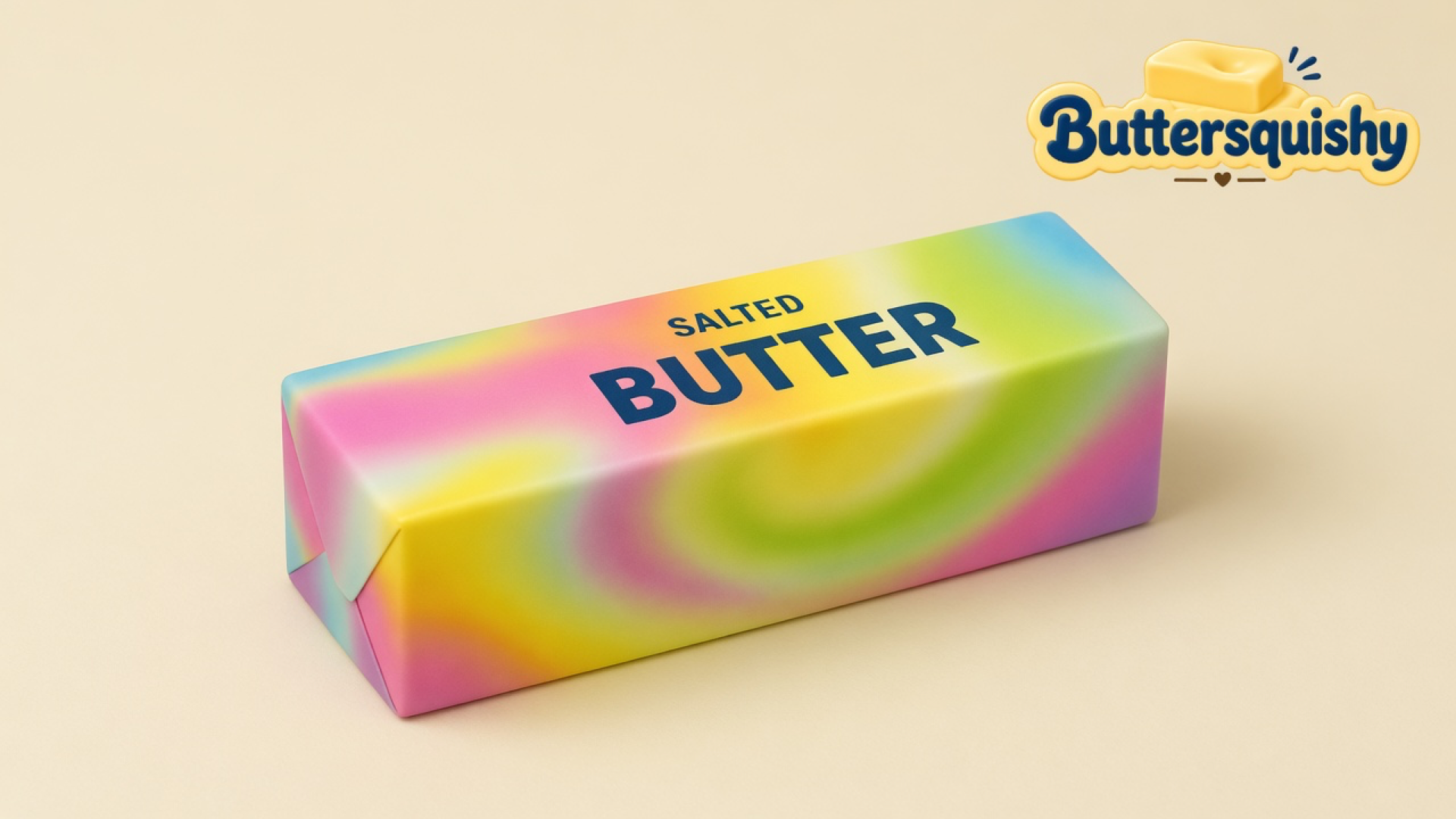 One pastel rainbow Swirl Mix Butter loaf printed SALTED BUTTER on a light-yellow cream studio, Buttersquishy logo once at upper right
