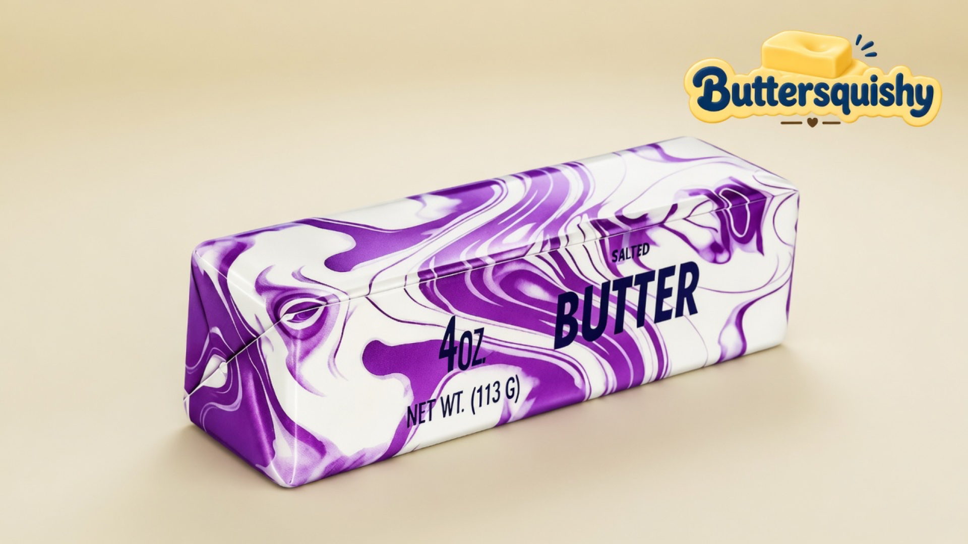 Paper-white Violet Marble Butter loaf with flowing violet swirls and navy SALTED BUTTER type on a light-yellow cream studio, Buttersquishy logo at upper right