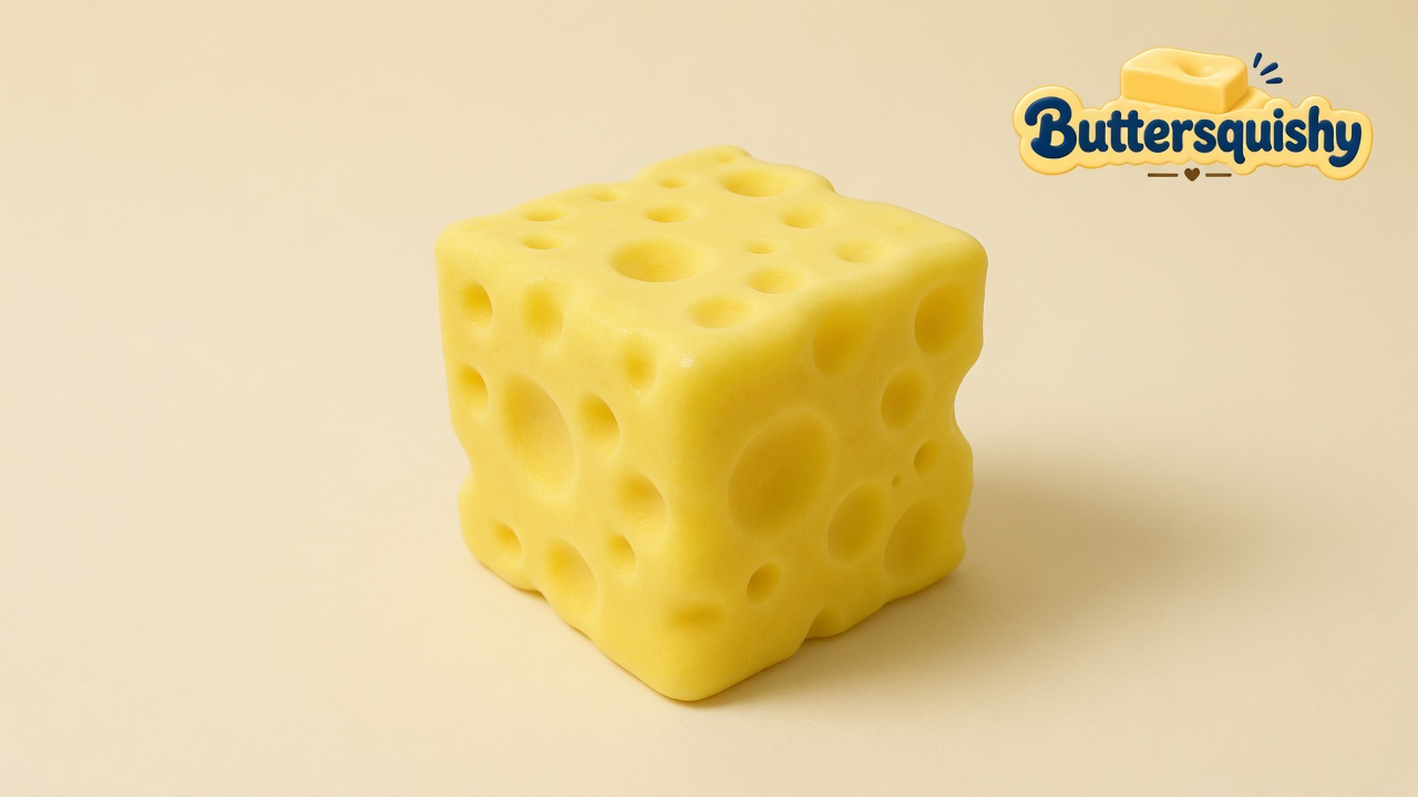 One bright yellow Cheese Cube Loaf with mixed-size holes on a light-yellow cream studio, Buttersquishy logo at upper right
