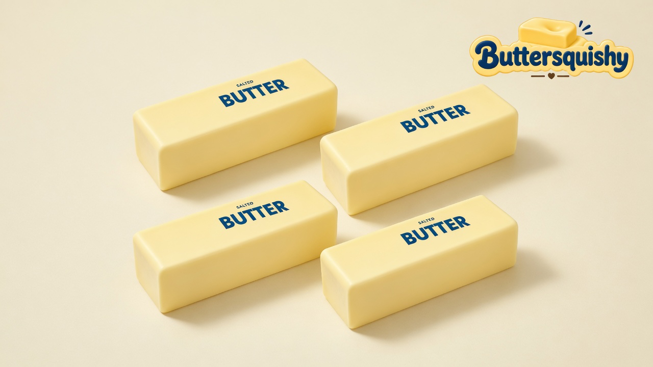 Four pale-yellow Classic Butter Stick 4oz bars printed SALTED BUTTER on a light-yellow cream studio, Buttersquishy logo at upper right