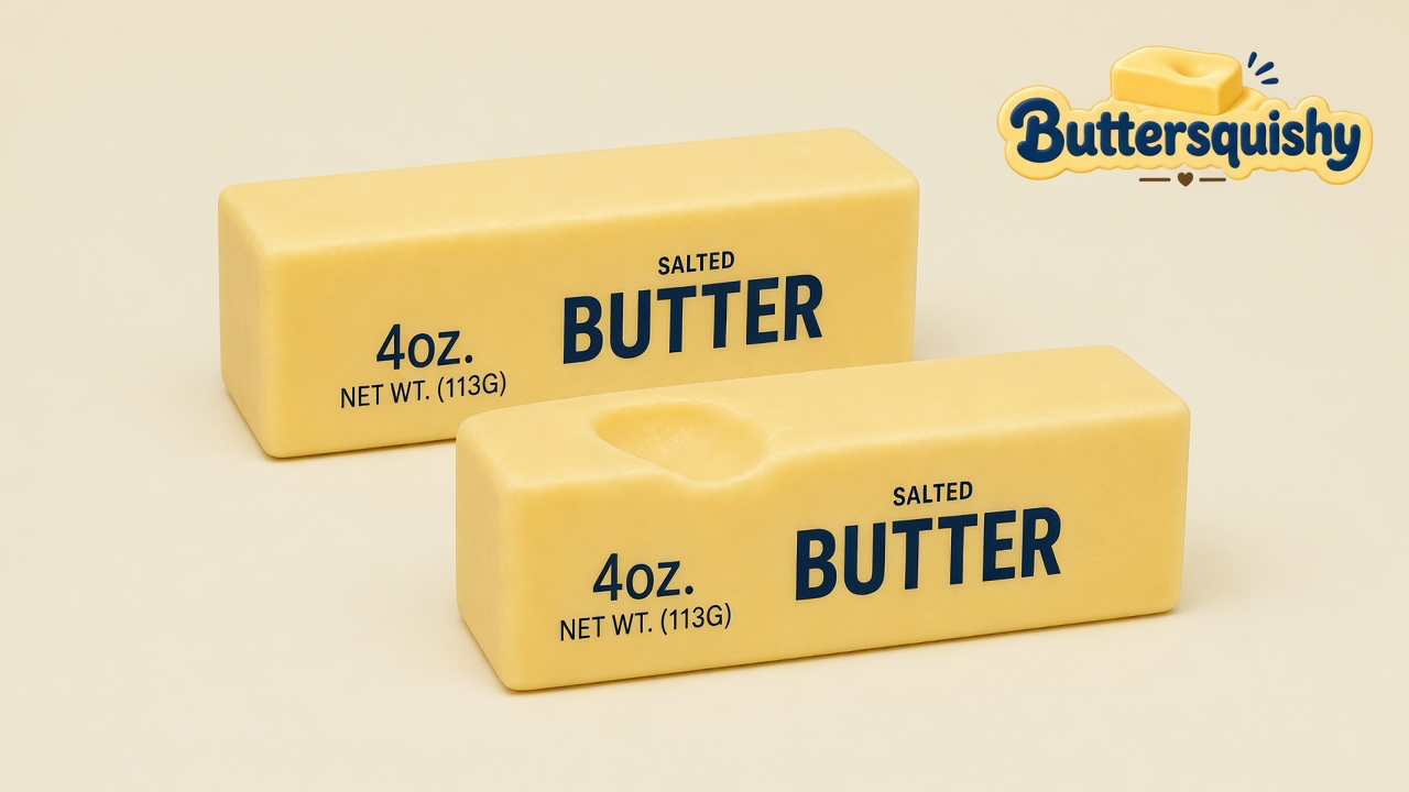 Two pale yellow Classic Gift Butter sticks printed SALTED BUTTER and 4OZ. NET WT. (113G), one with a thumb dent, on a light-yellow cream studio, Buttersquishy logo at upper right