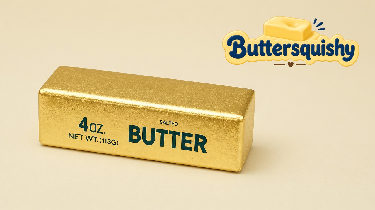 One gold-foil Golden Butter Stick printed 4OZ. NET WT.(113G) SALTED BUTTER on a light-yellow cream studio, Buttersquishy logo at upper right