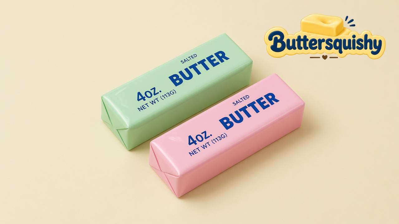 Mint-green and pink Mint Berry Crunch Butter sticks printed 4OZ. NET WT (113G) SALTED BUTTER on a light-yellow cream studio, Buttersquishy logo at upper right