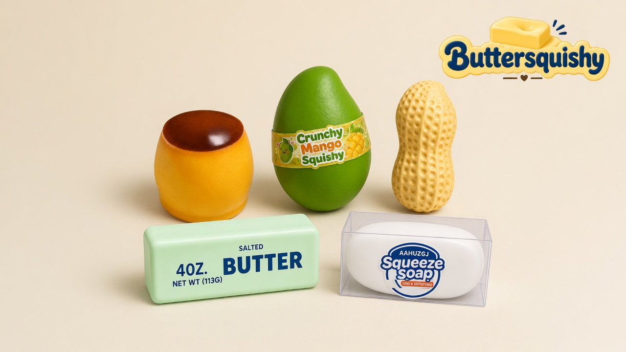 Five Mixed Butter Pack toys — caramel-top cup, green mango, ridged peanut, mint salted-butter stick, and boxed Squeeze soap — on a light-yellow cream studio, Buttersquishy logo at upper right