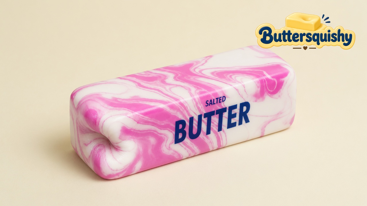 One pink-and-white marble butter loaf printed SALTED BUTTER on a light-yellow cream studio, Buttersquishy logo at upper right