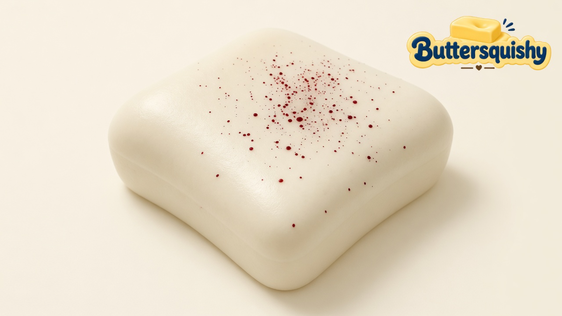Cream rounded-square Bread Toast Loaf with red speckles on a light-yellow cream studio surface, Buttersquishy logo at upper right