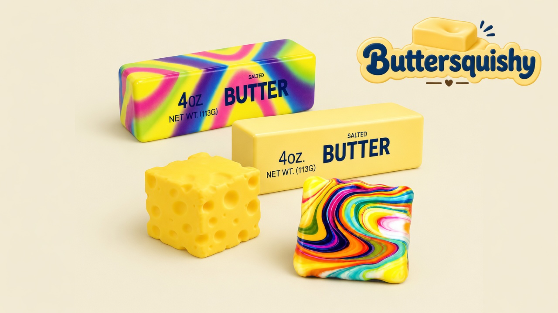 Four mixed Cheese Cube Loaf 4-Pack toys — swirl stick, pale butter stick, holey cheese cube, and rainbow swirl pillow — on a light-yellow cream studio surface, Buttersquishy logo at upper right