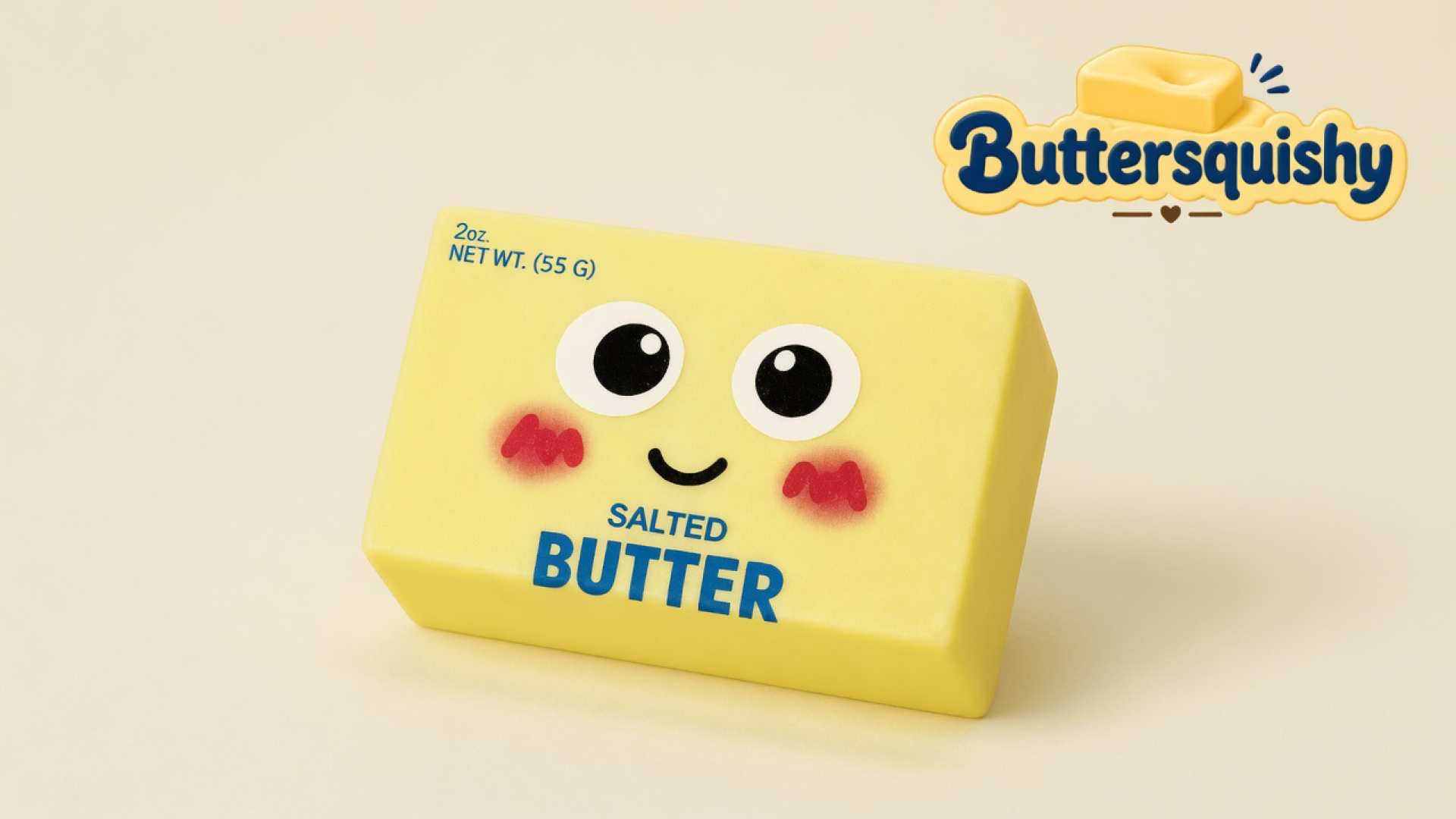 Pale yellow Face Cube Butter loaf with cartoon eyes and SALTED BUTTER print on a light-yellow cream studio surface, Buttersquishy logo at upper right