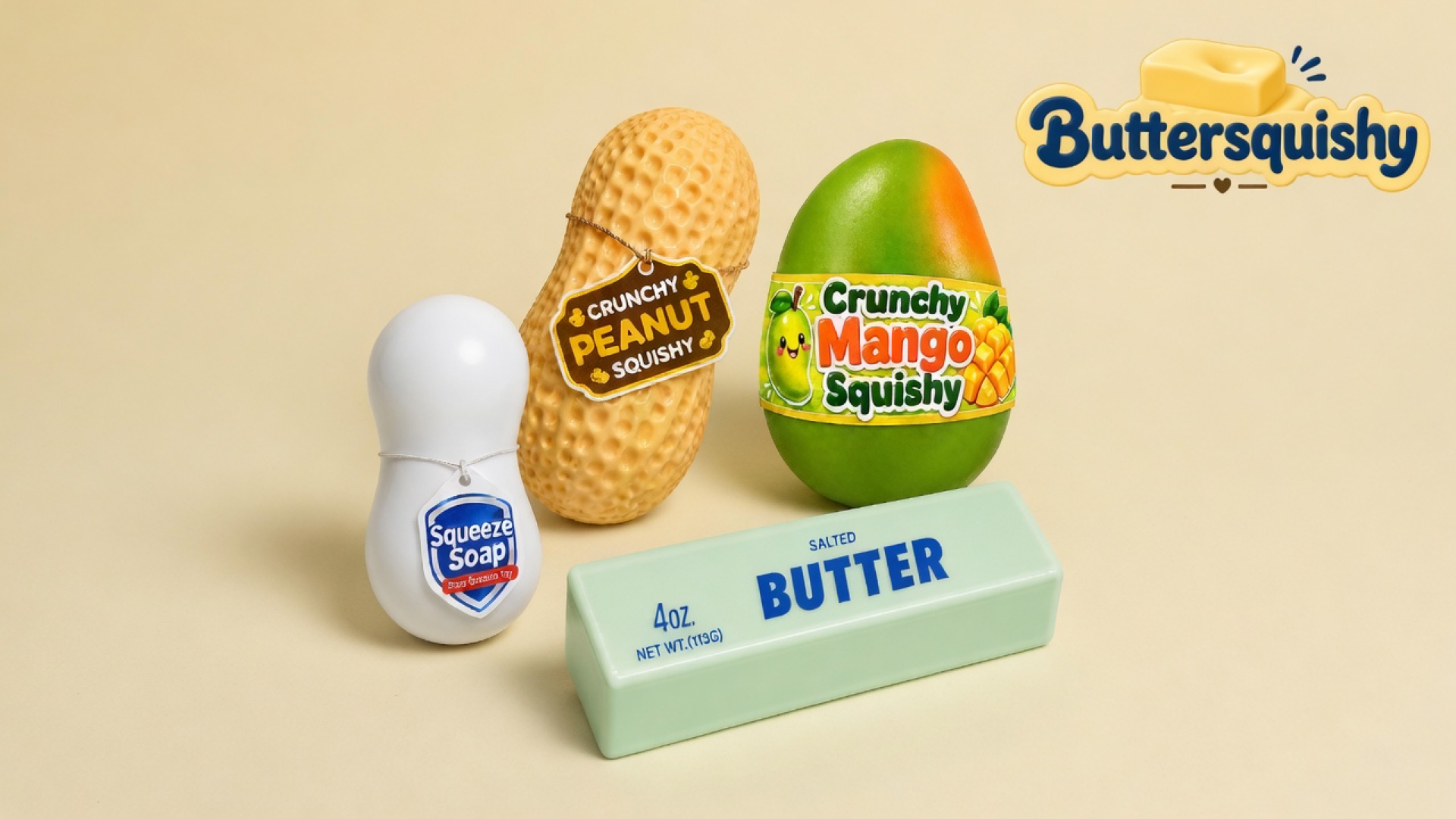 Mint loaf, ridged peanut, mango egg, and white squeeze-soap toy on a cream studio, Buttersquishy logo at upper right