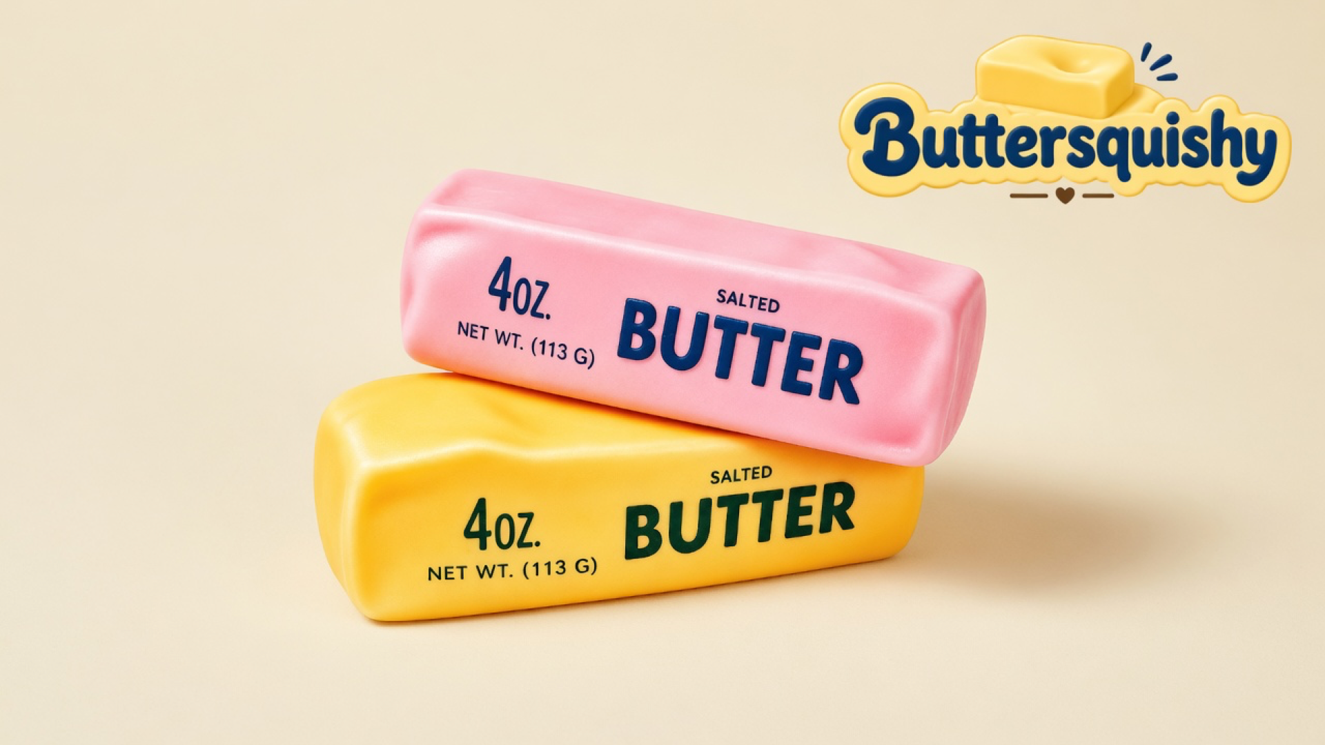 Candy-pink and yellow-orange Pink Orange Crunch Butter sticks printed SALTED BUTTER on a light-yellow cream studio surface, Buttersquishy logo at upper right