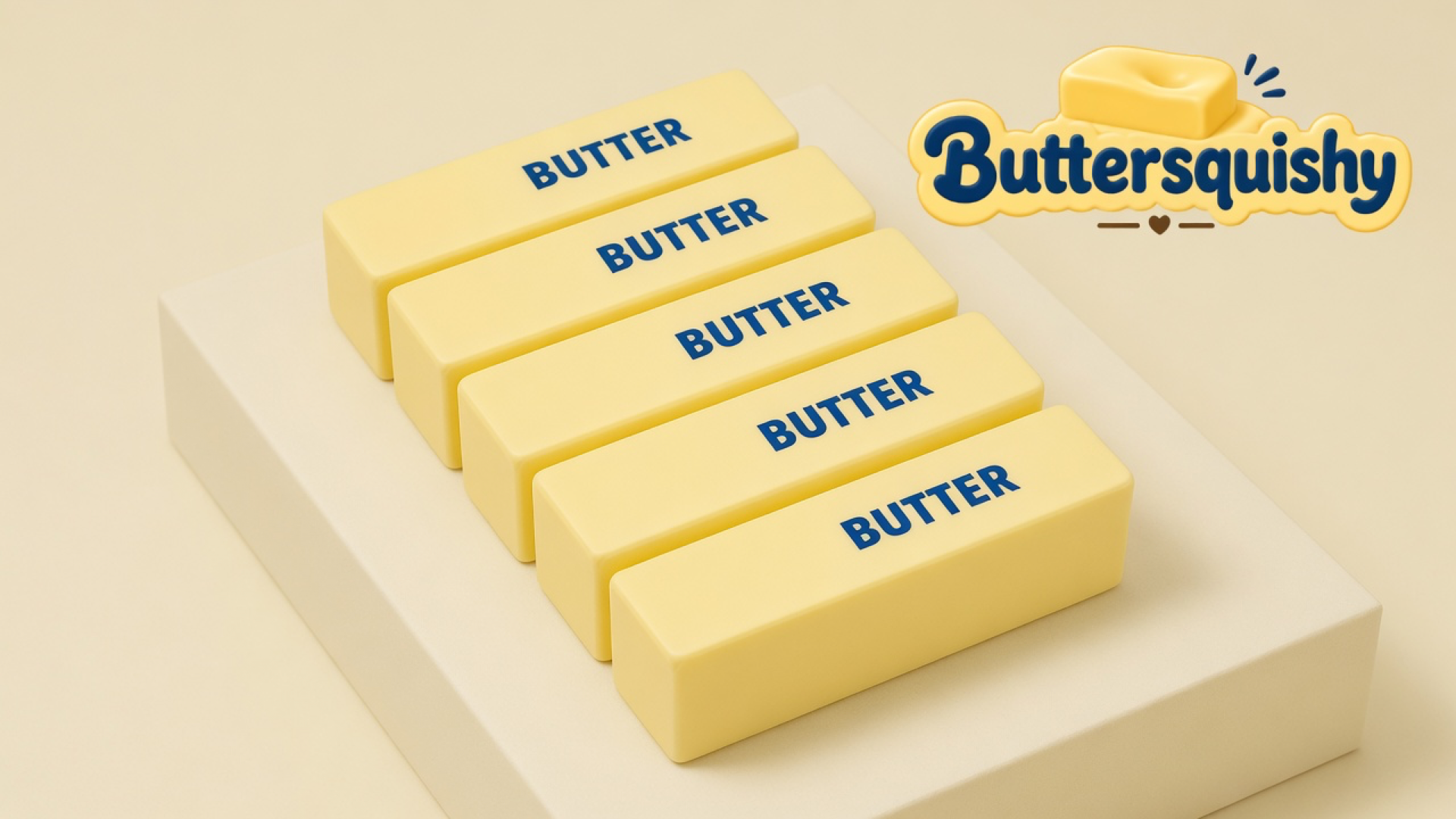 Five pale yellow Classic Butter Stick bars printed BUTTER on a light-yellow cream studio, Buttersquishy logo at upper right